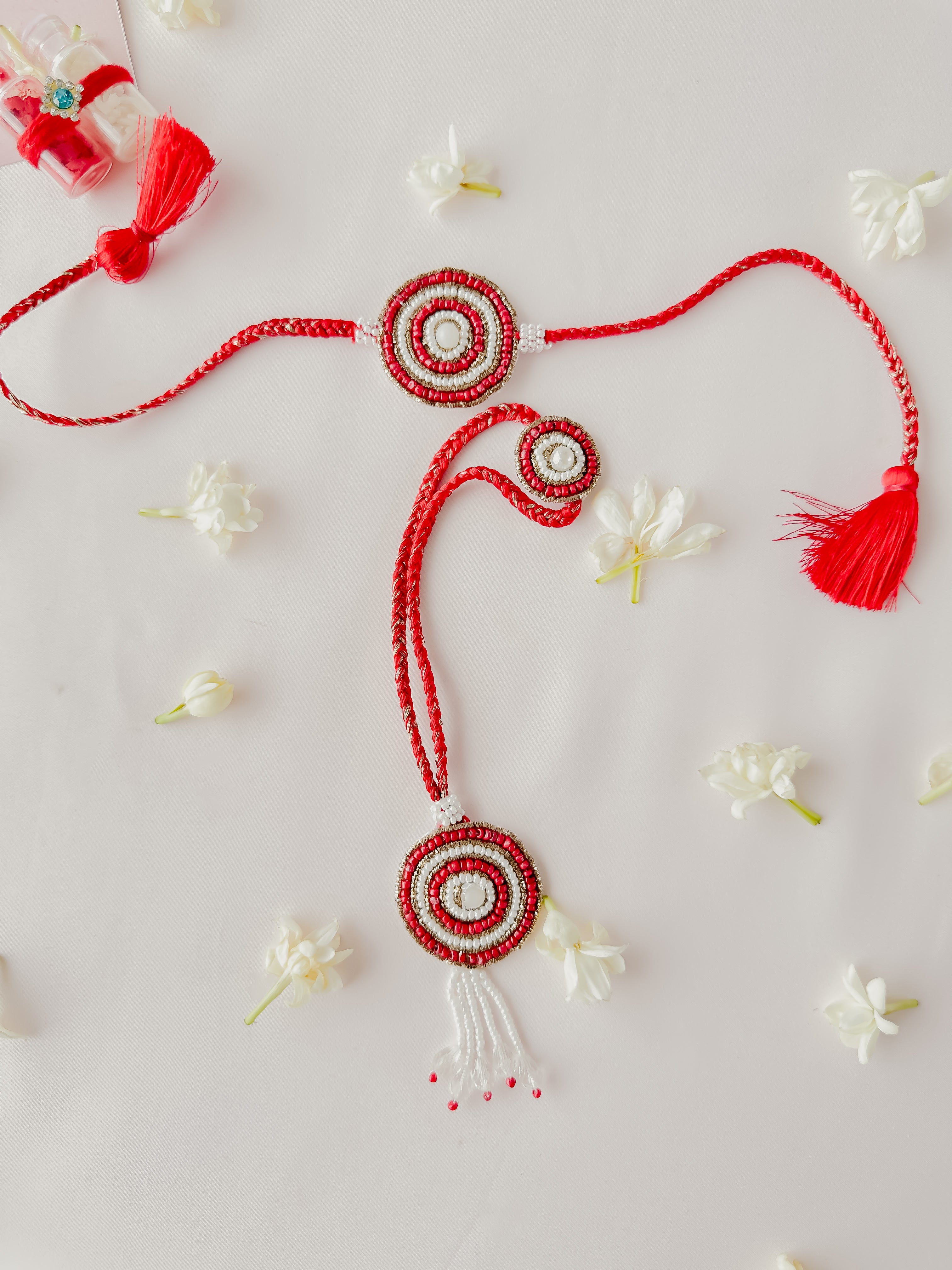 Red Vibrant Bloom Lumba Set Handmade Rakhi