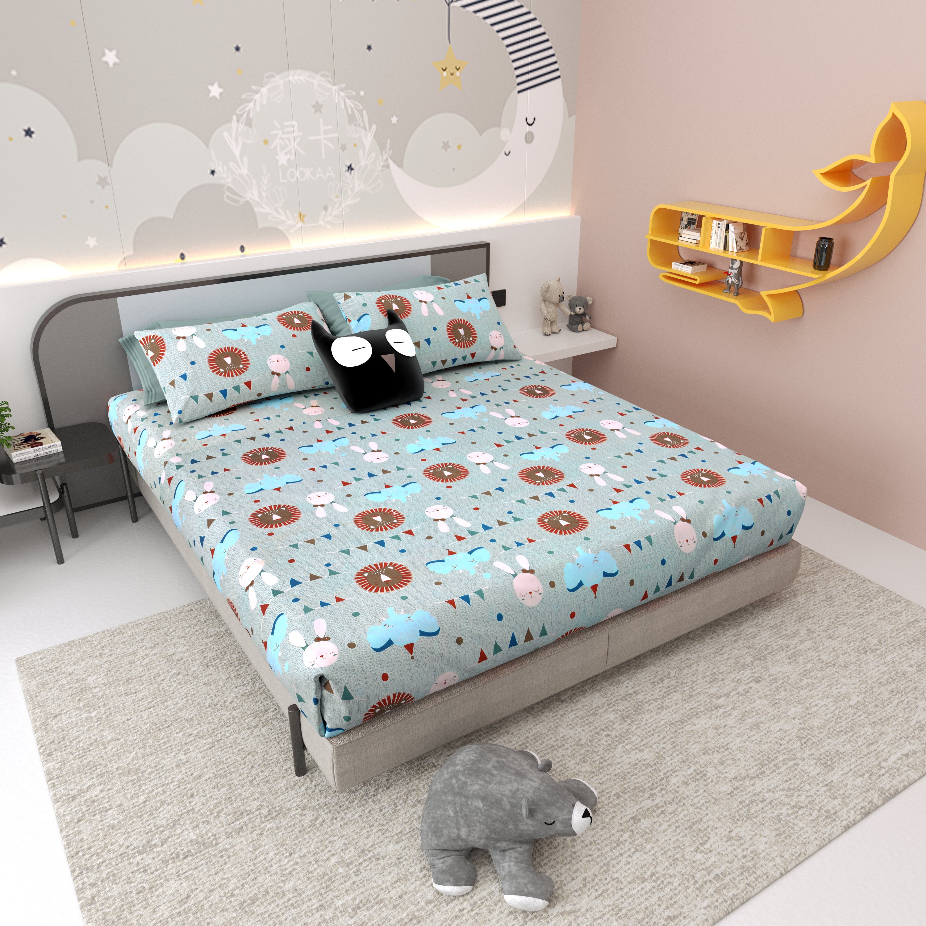 Jungle Carnival Pure Cotton Bedsheet- Mint Green