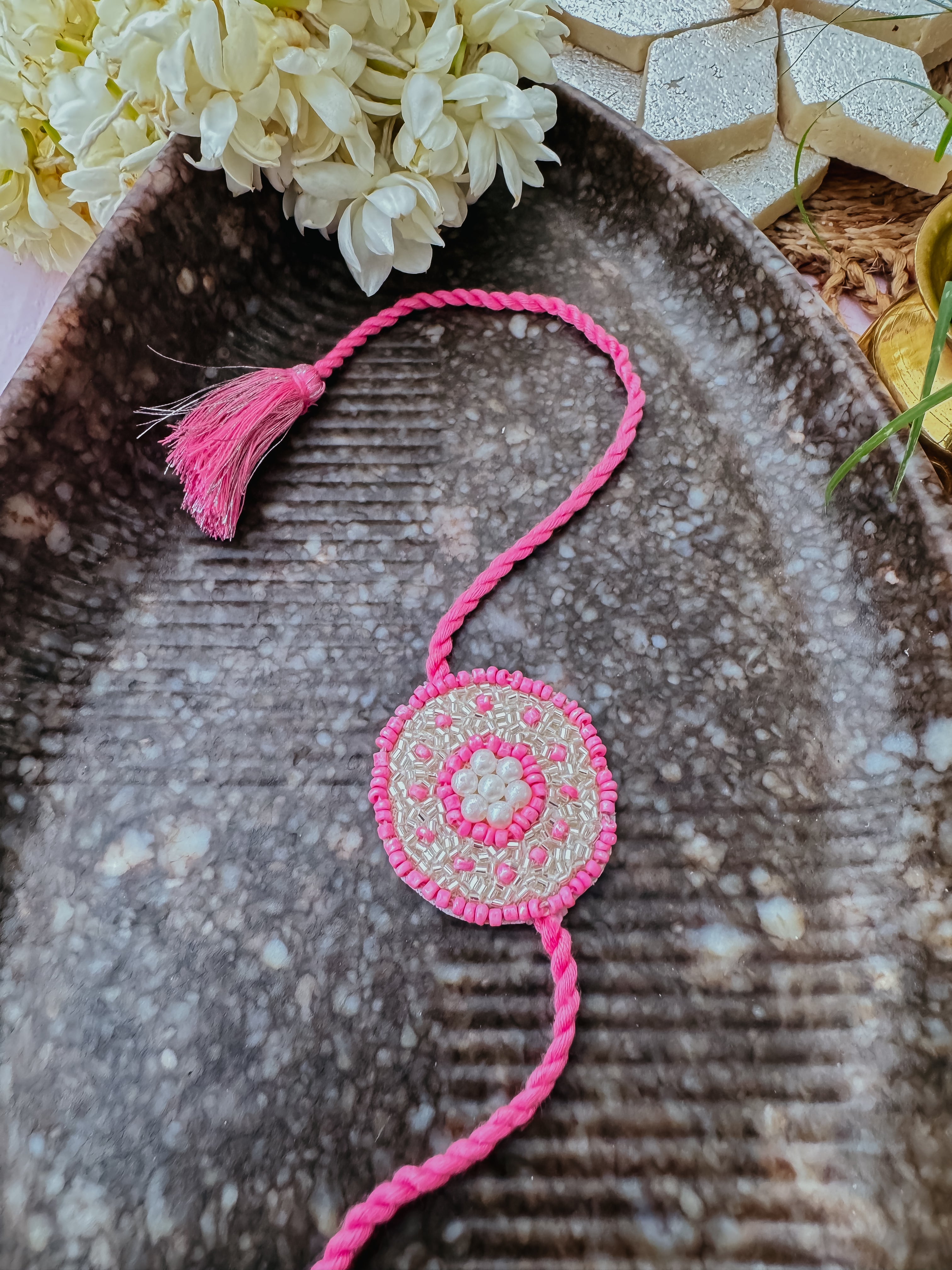 Pink Glitter Circle Handmade Rakhi