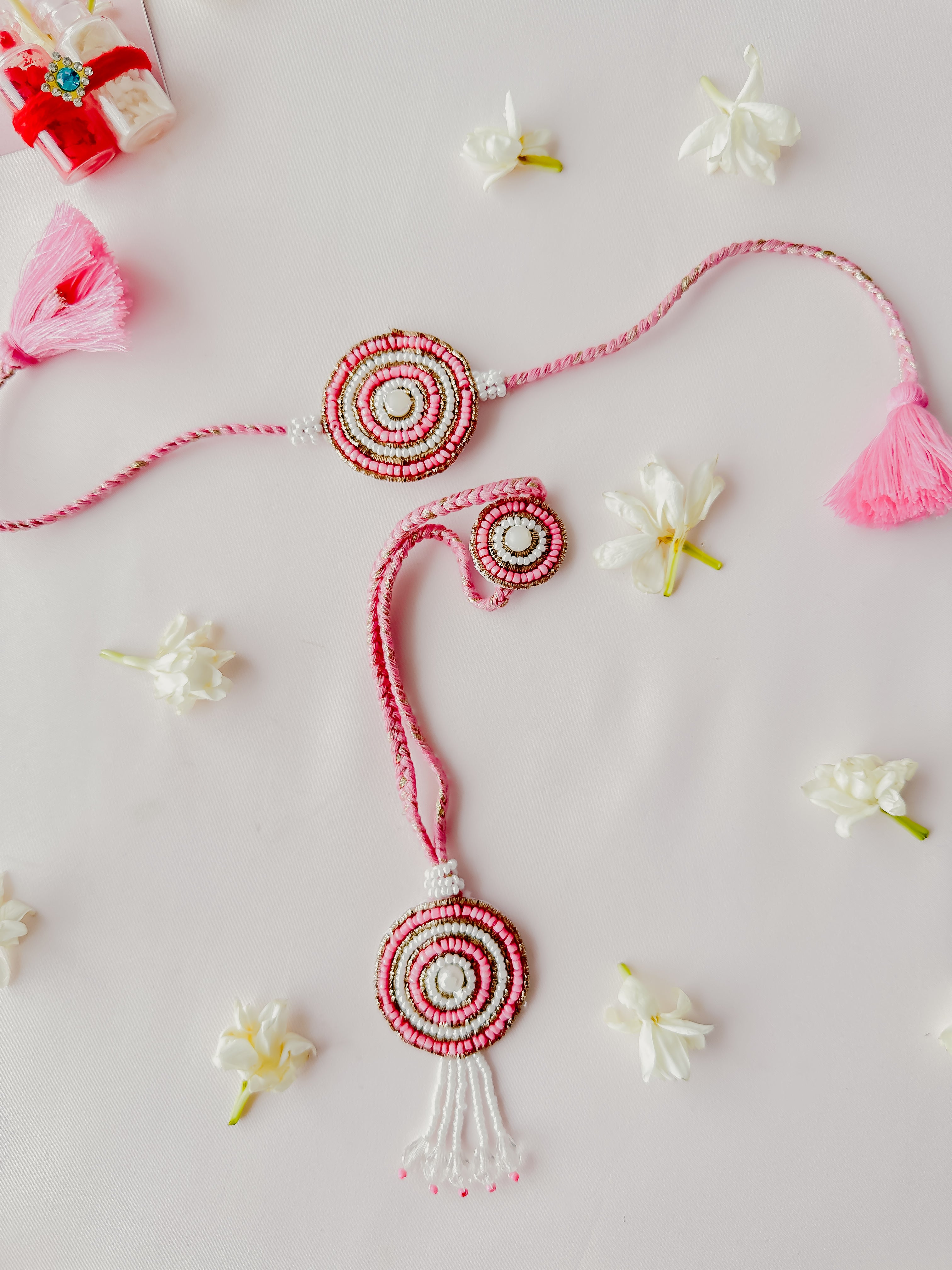 Pink Vibrant Bloom Lumba Set Handmade Rakhi
