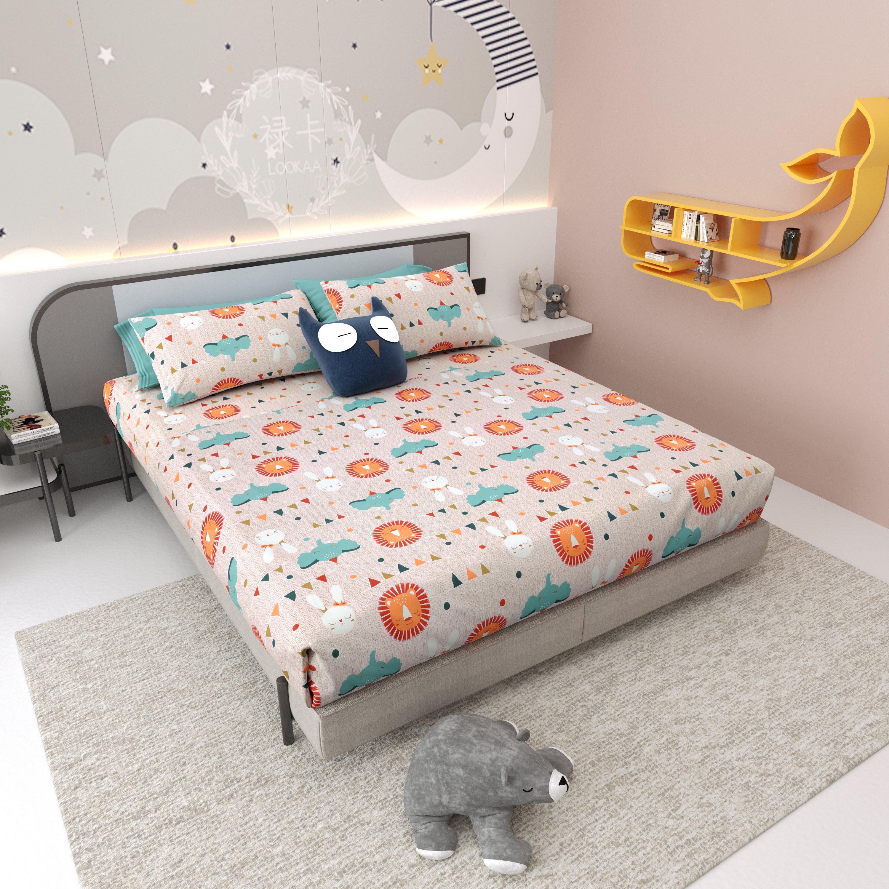 Jungle Carnival Pure Cotton Bedsheet- Cream