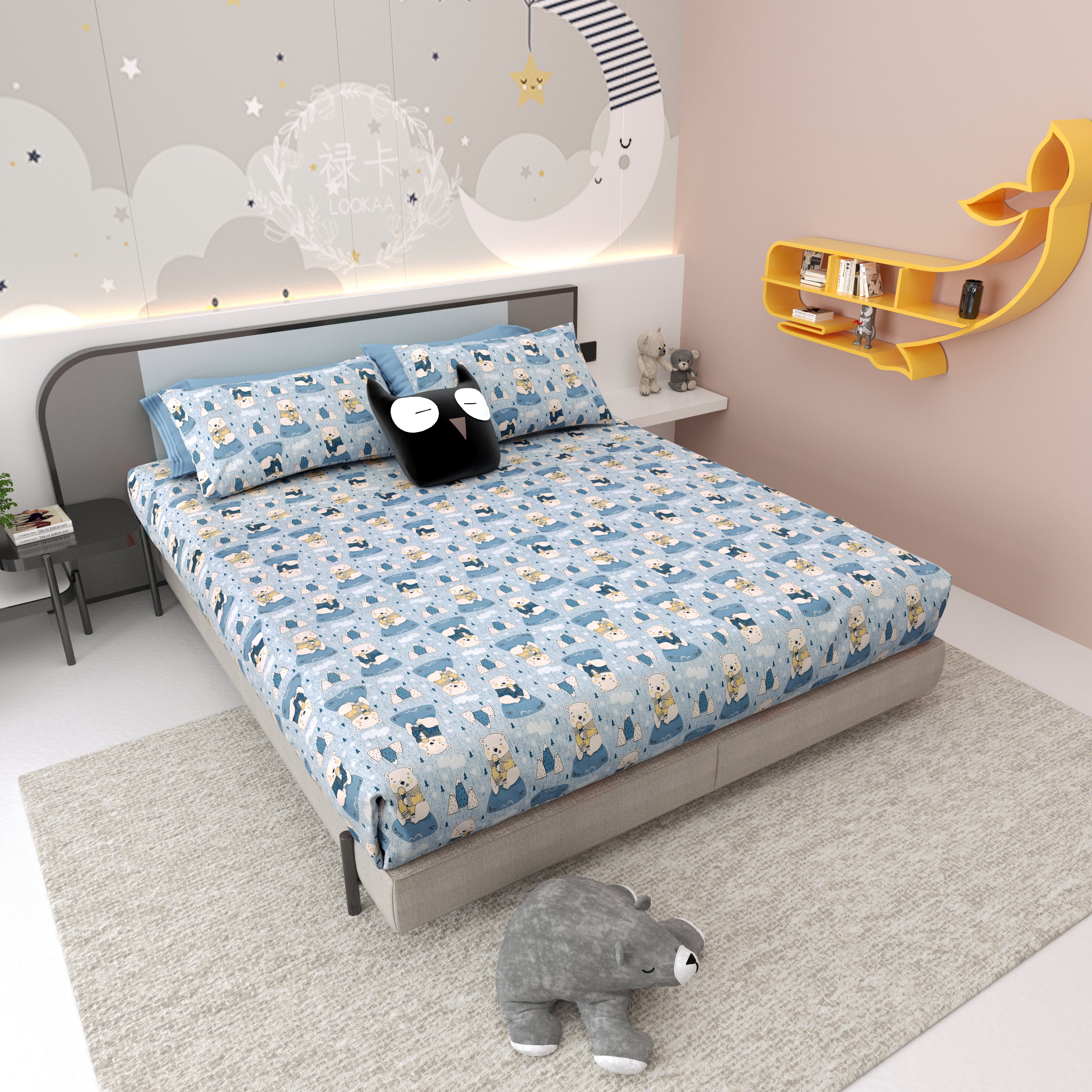 Bear Buddies Pure Cotton Bedsheet- Blue