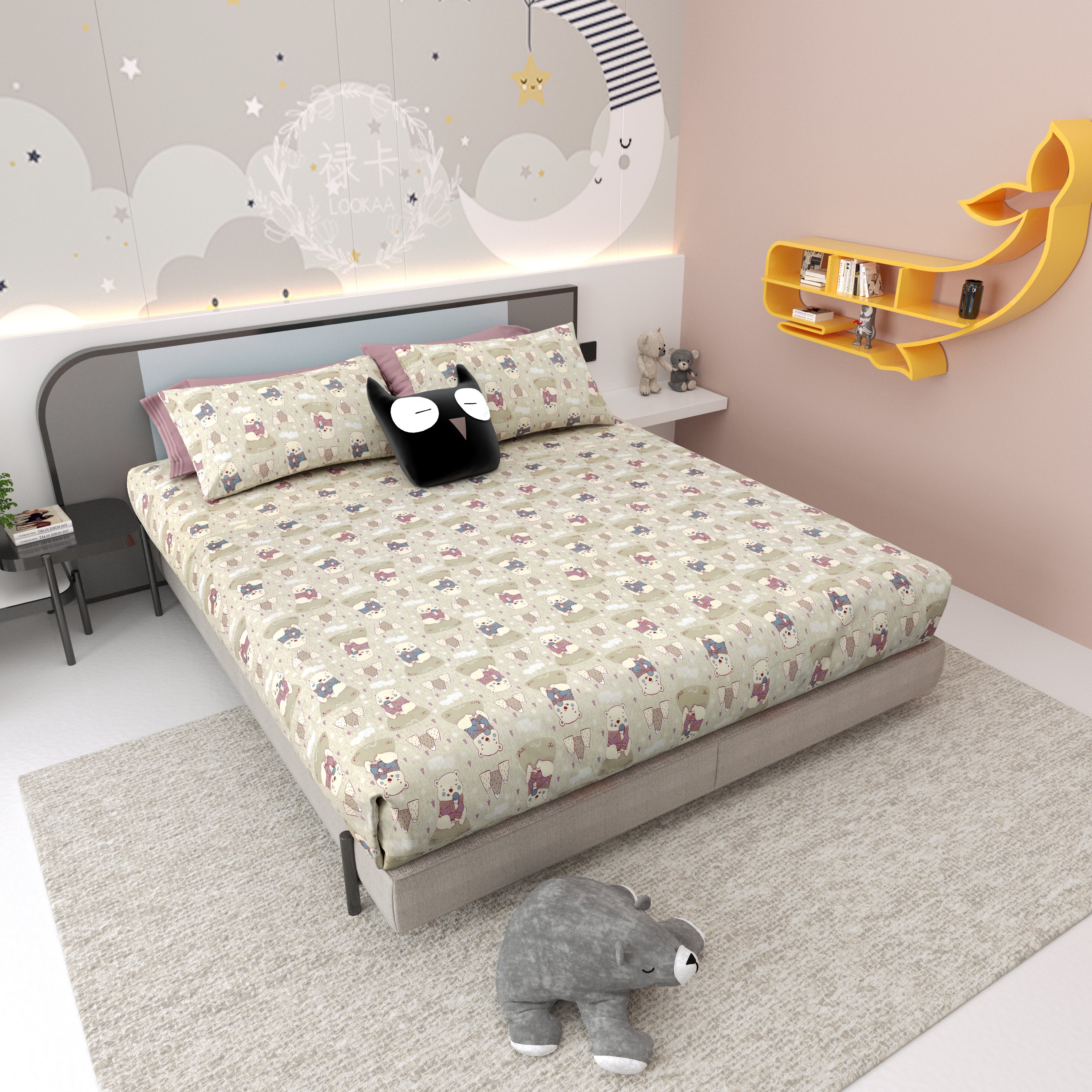 Bear Buddies Pure Cotton Bedsheet- Beige