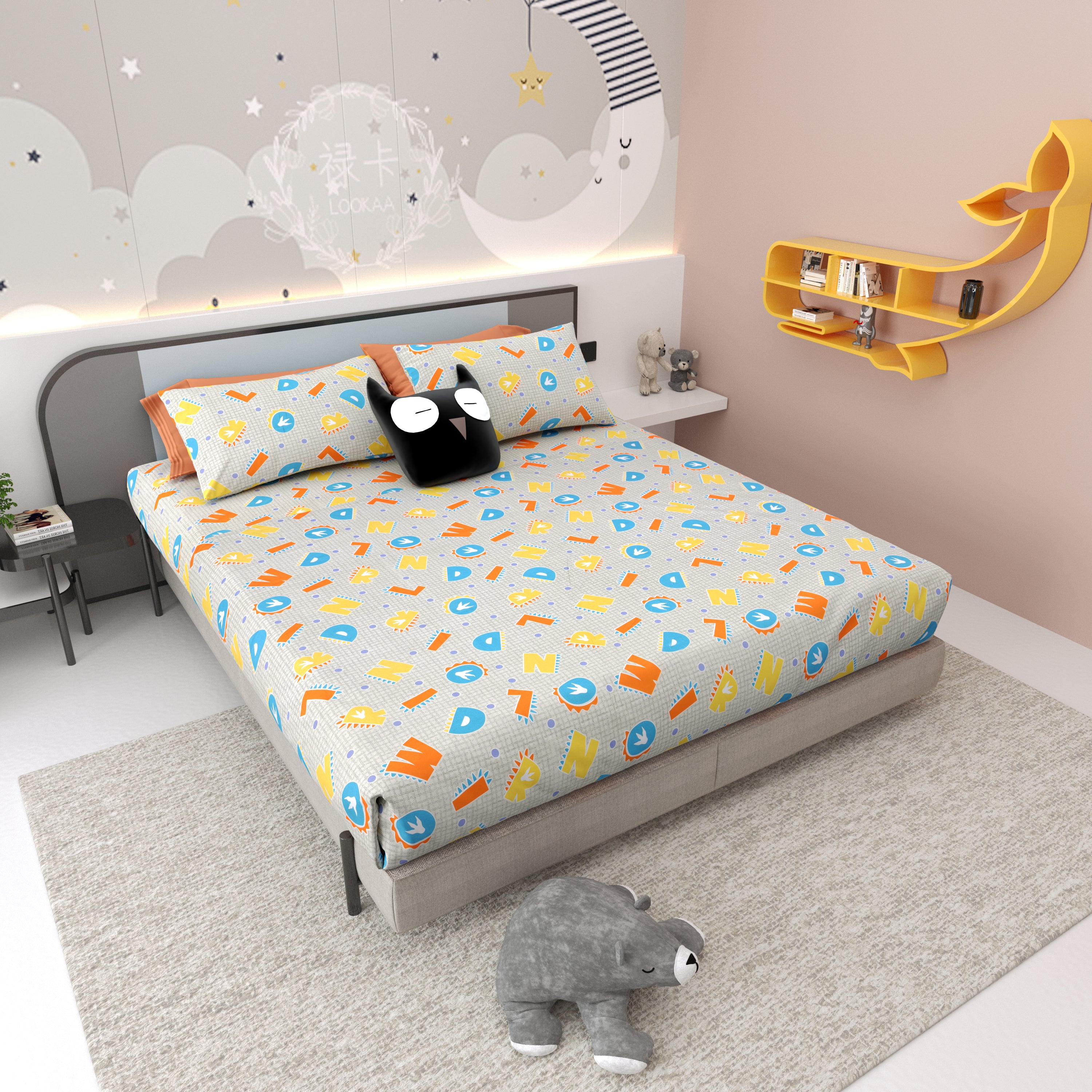 Alphabetical Adventure Pure Cotton Bedsheet- Creamy Green