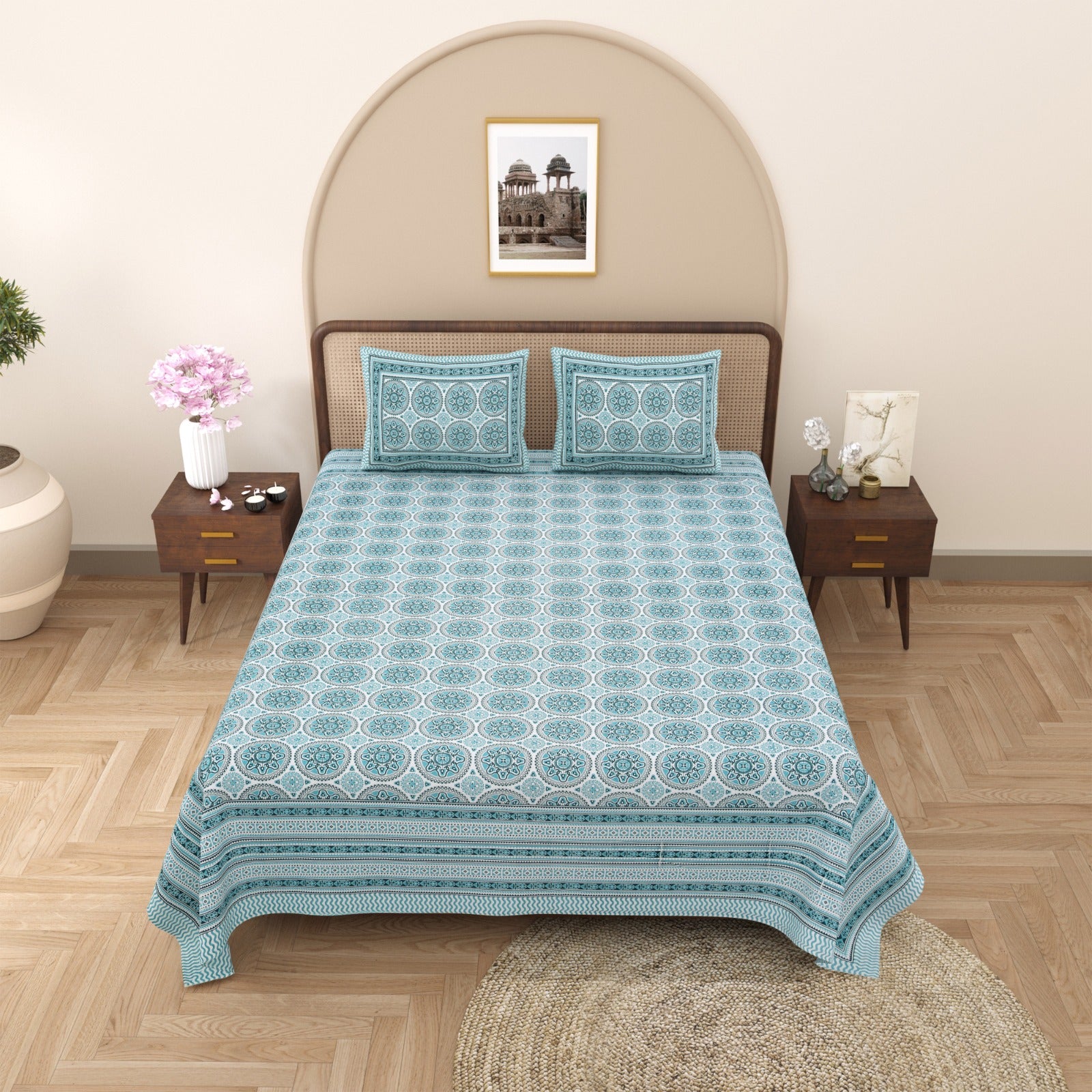 Rajasthani Pure Cotton Chakra Floral Double Bedsheet - Sky Blue