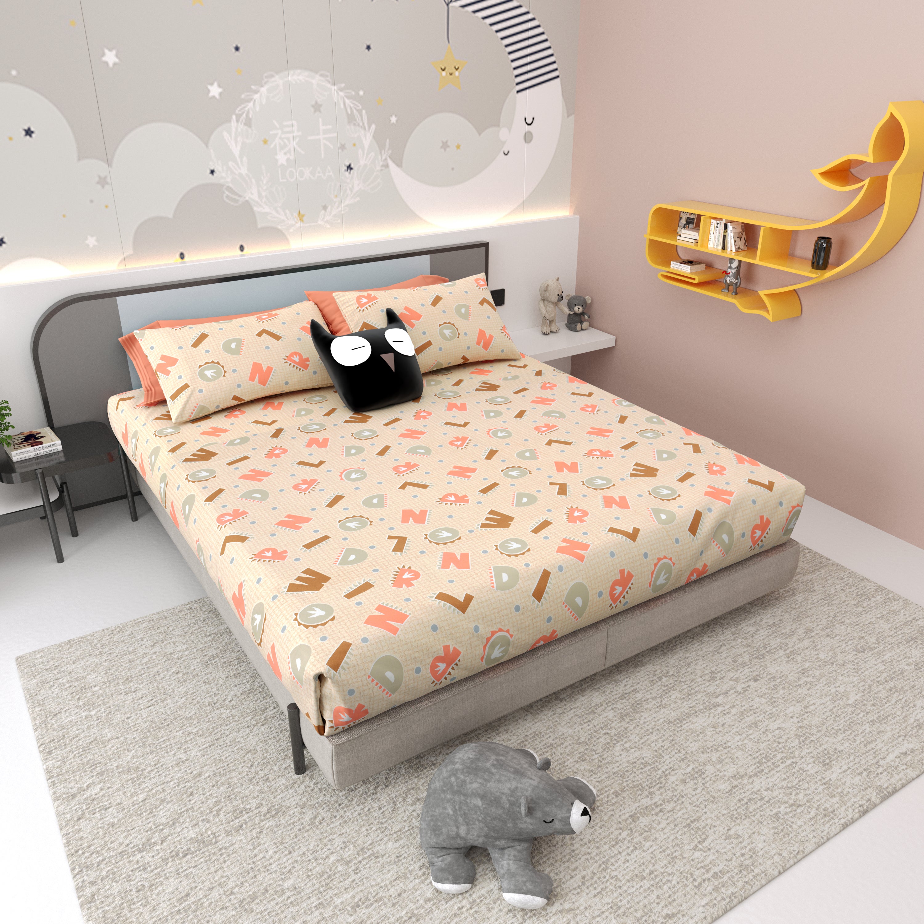 Alphabetical Adventure Pure Cotton Bedsheet- Peachy Cream