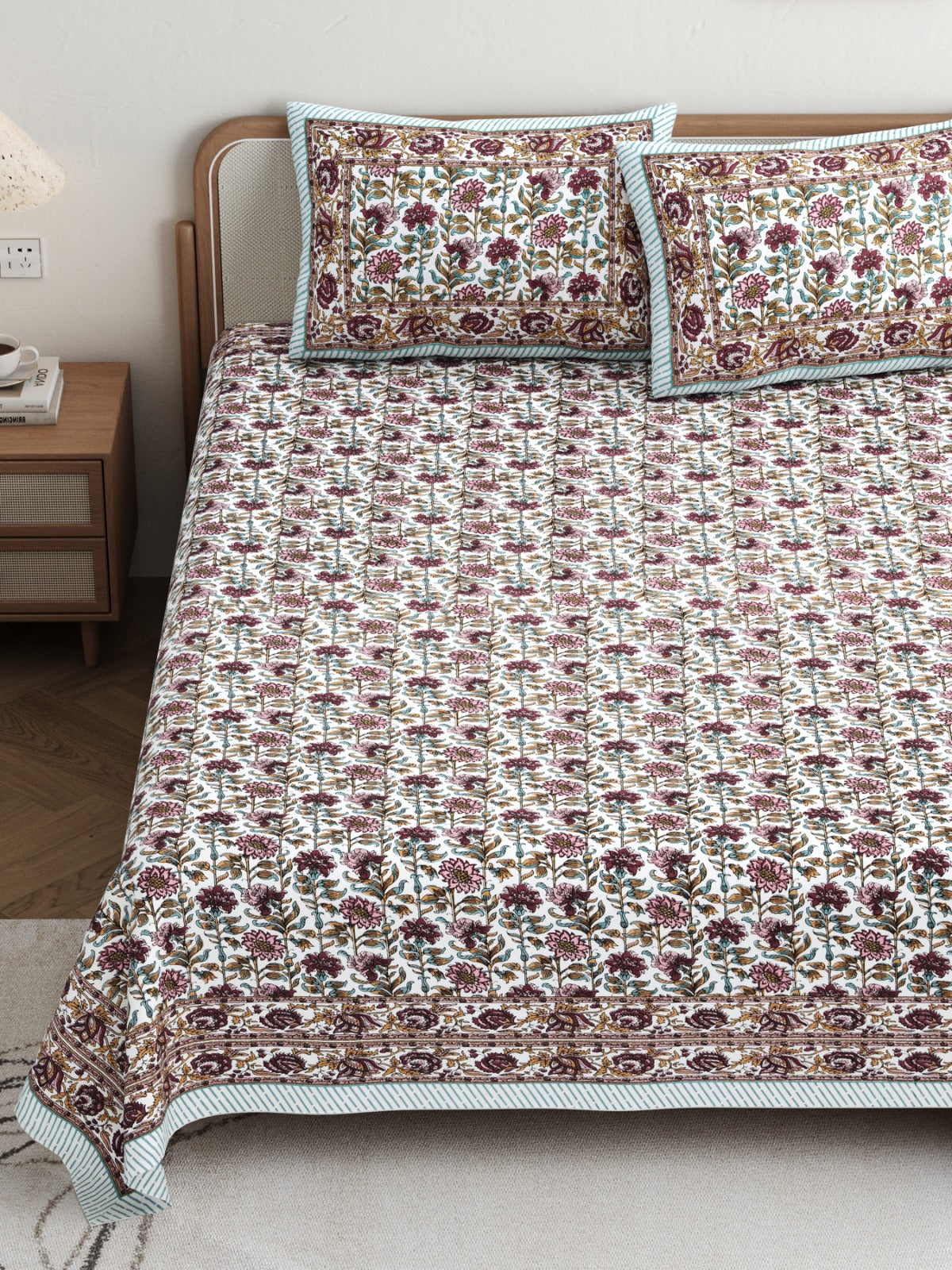Rajasthani Pure Cotton Floral Double Bedsheet - Maroon
