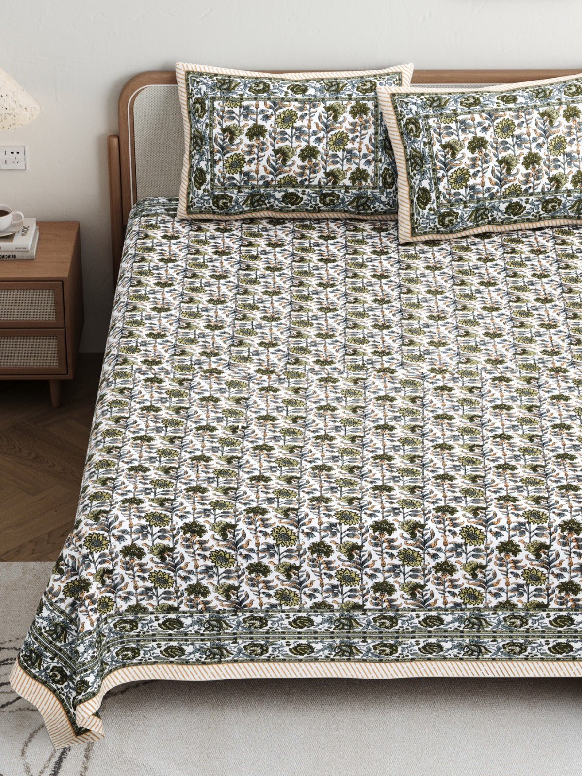Rajasthani Pure Cotton Floral Double Bedsheet - Dark Olive