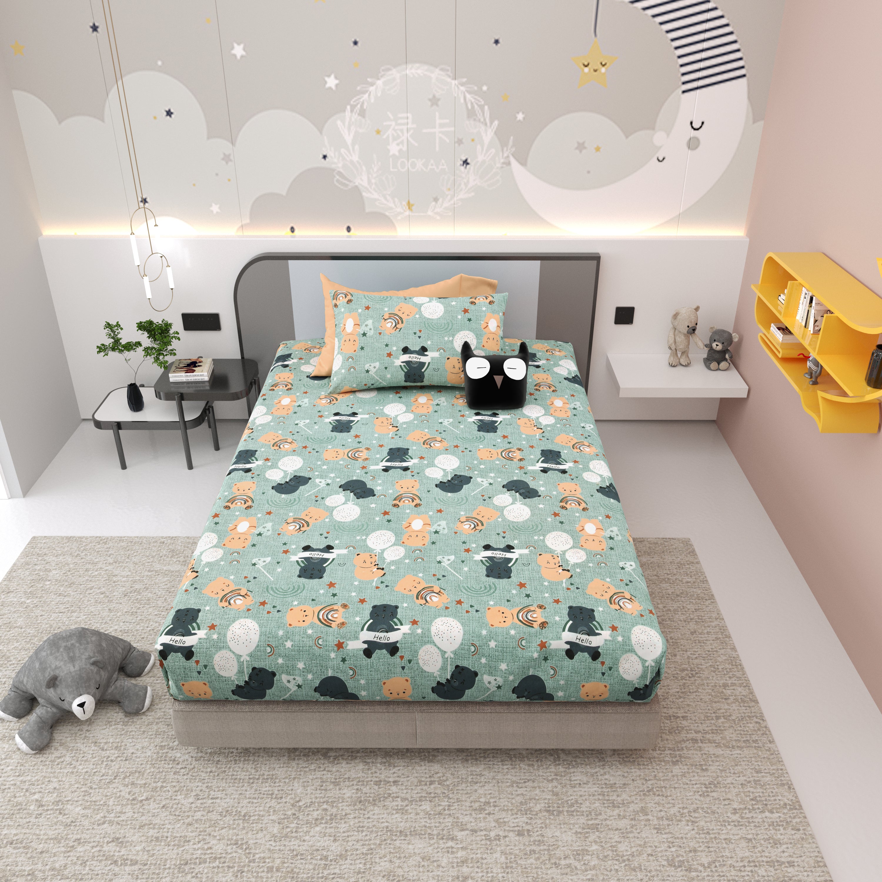 Moonlight Bear Hugs Kids Single Bedsheet Set of 2 - Light Green