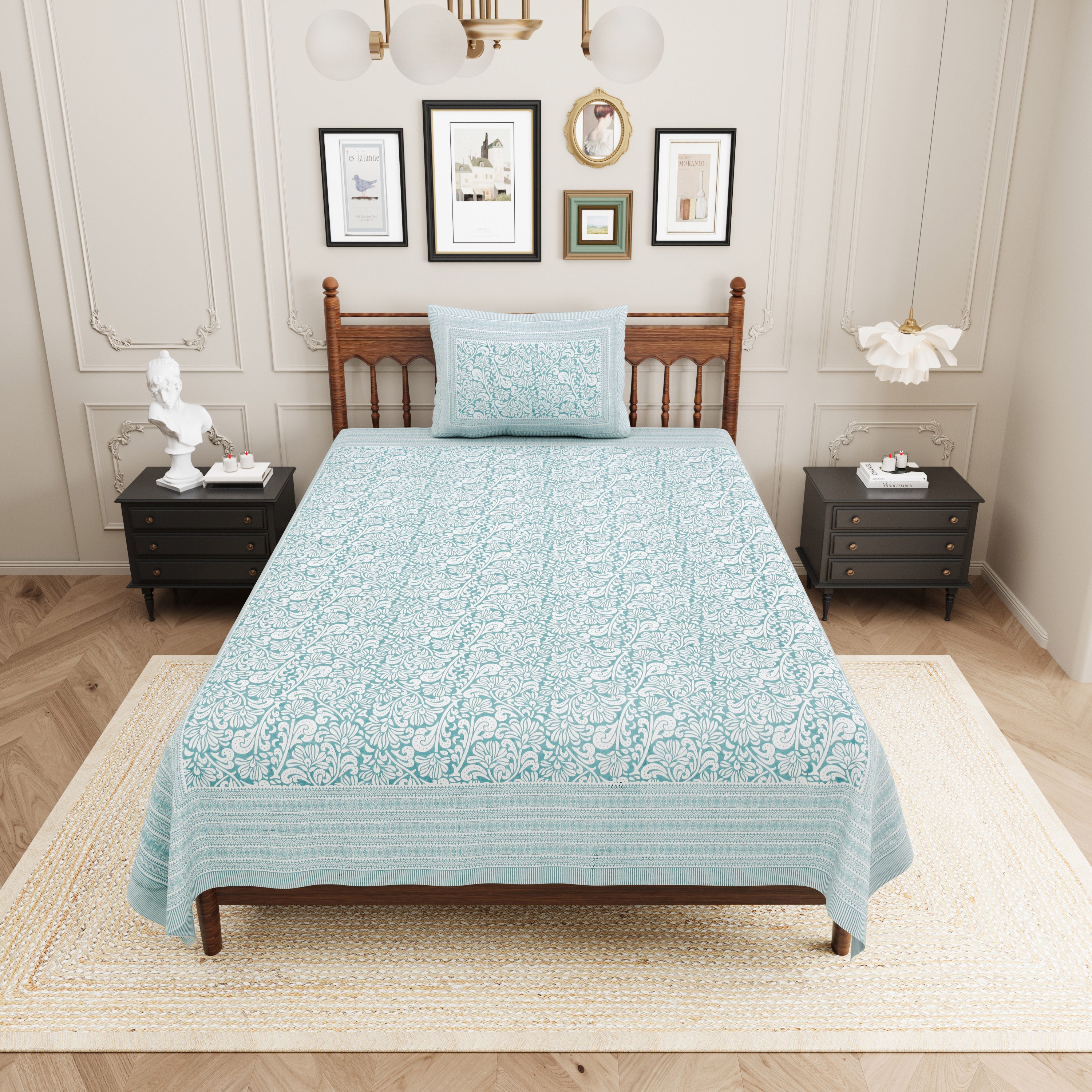 Paisley Block Printed Cotton Single Bedsheet- Green (Pack of 2)