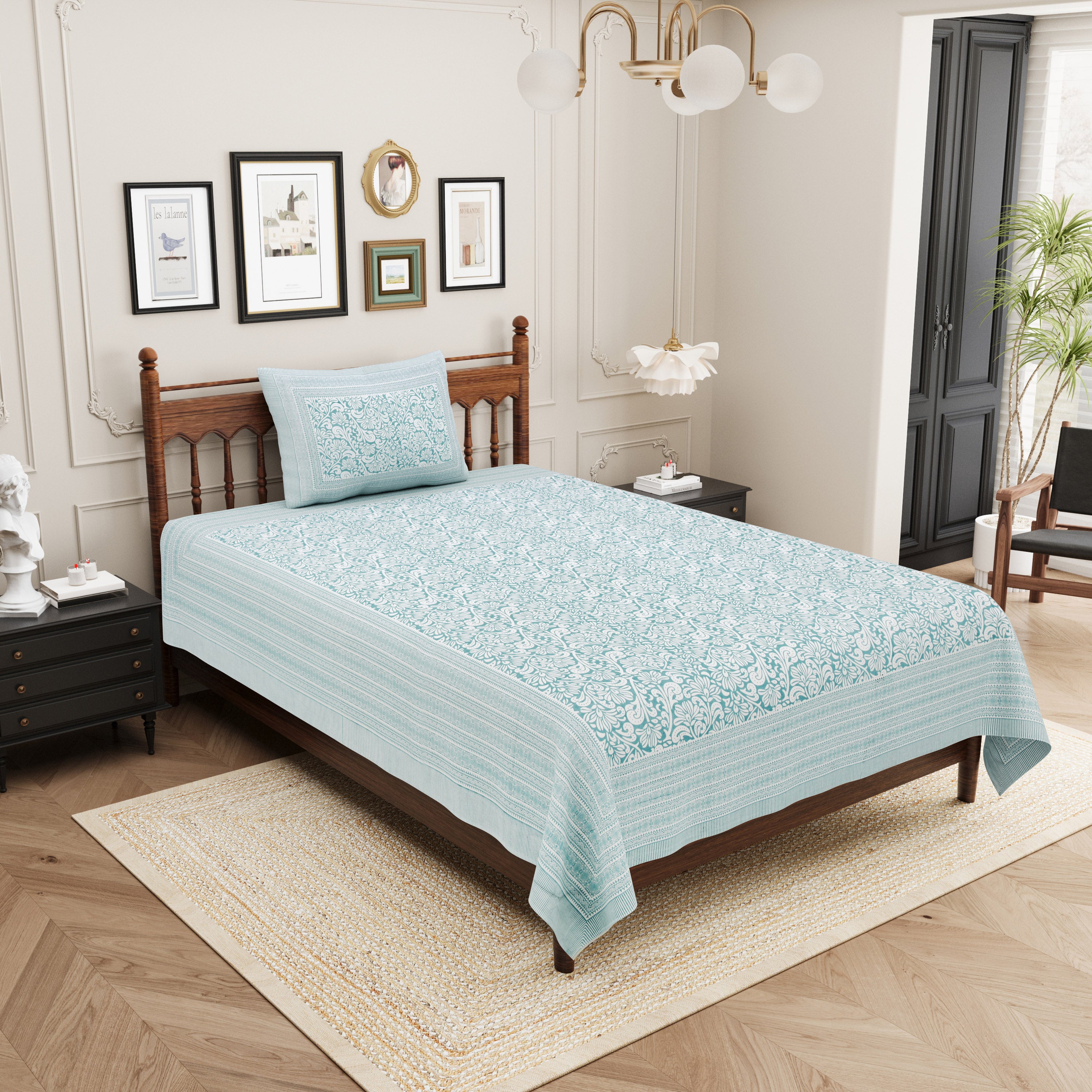Paisley Block Printed Cotton Single Bedsheet- Green (Pack of 2)