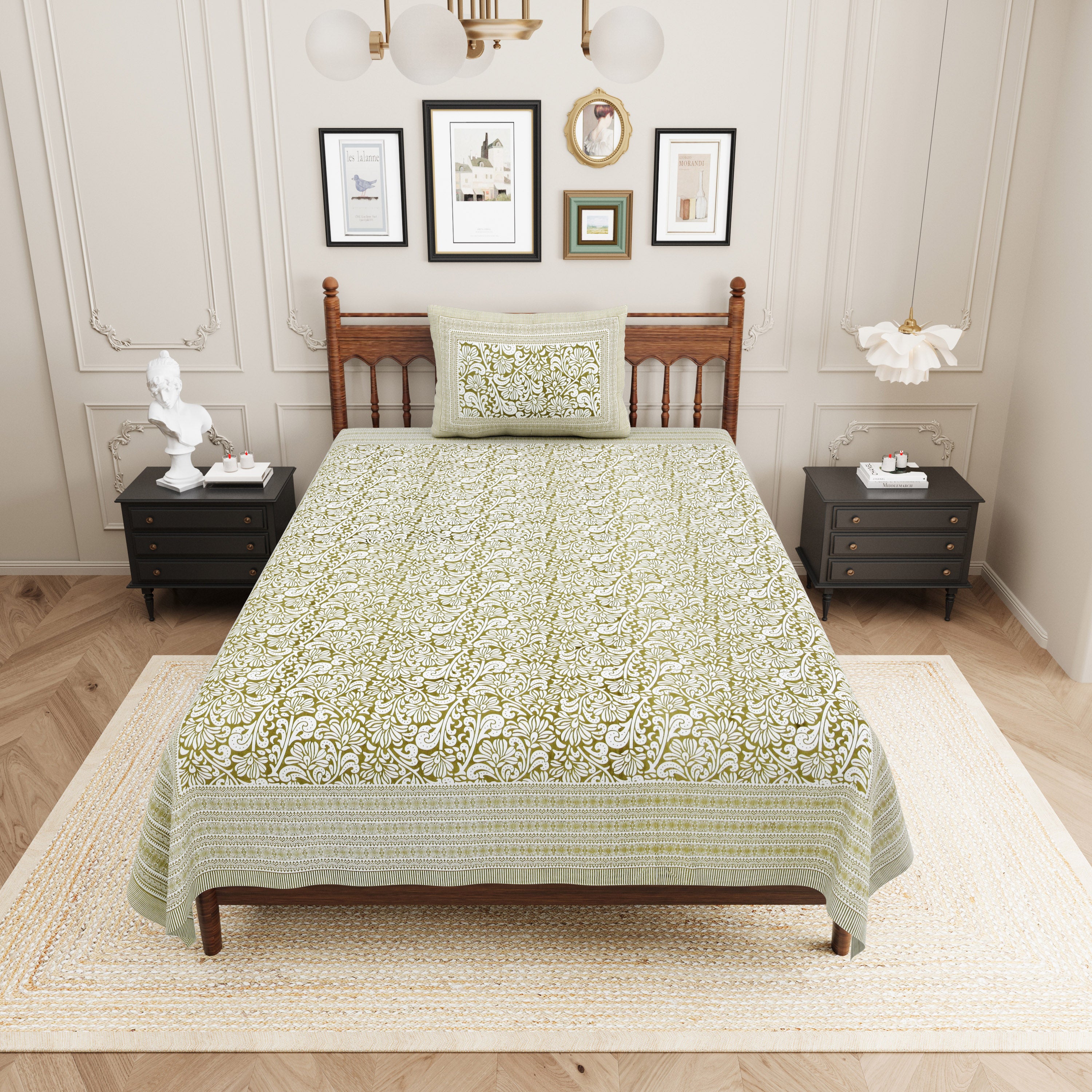 Paisley Block Printed Cotton Single Bedsheet- Olive Green (Pack of 2)
