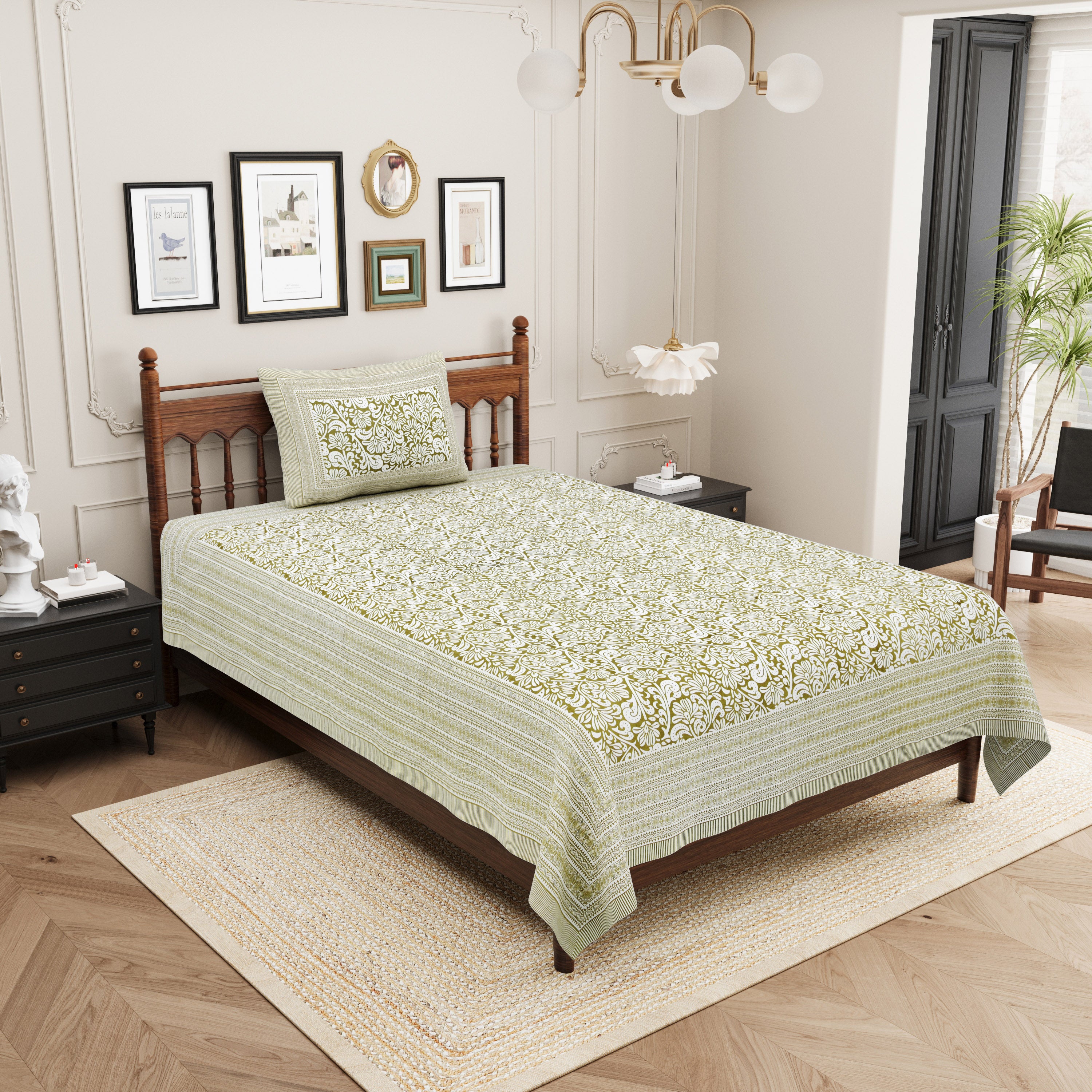 Paisley Block Printed Cotton Single Bedsheet- Olive Green (Pack of 2)