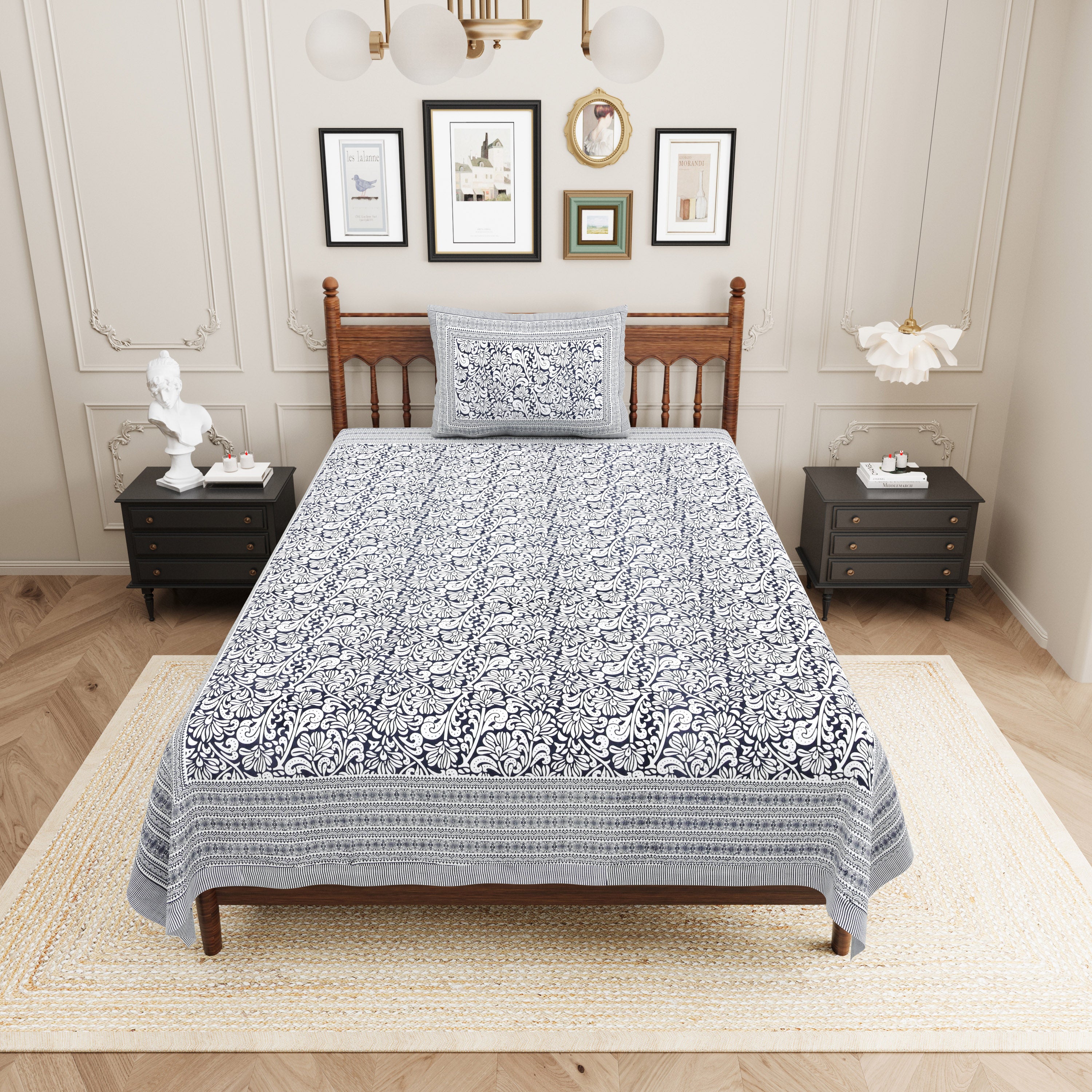 Paisley Block Printed Cotton Single Bedsheet- Black (Pack of 2)