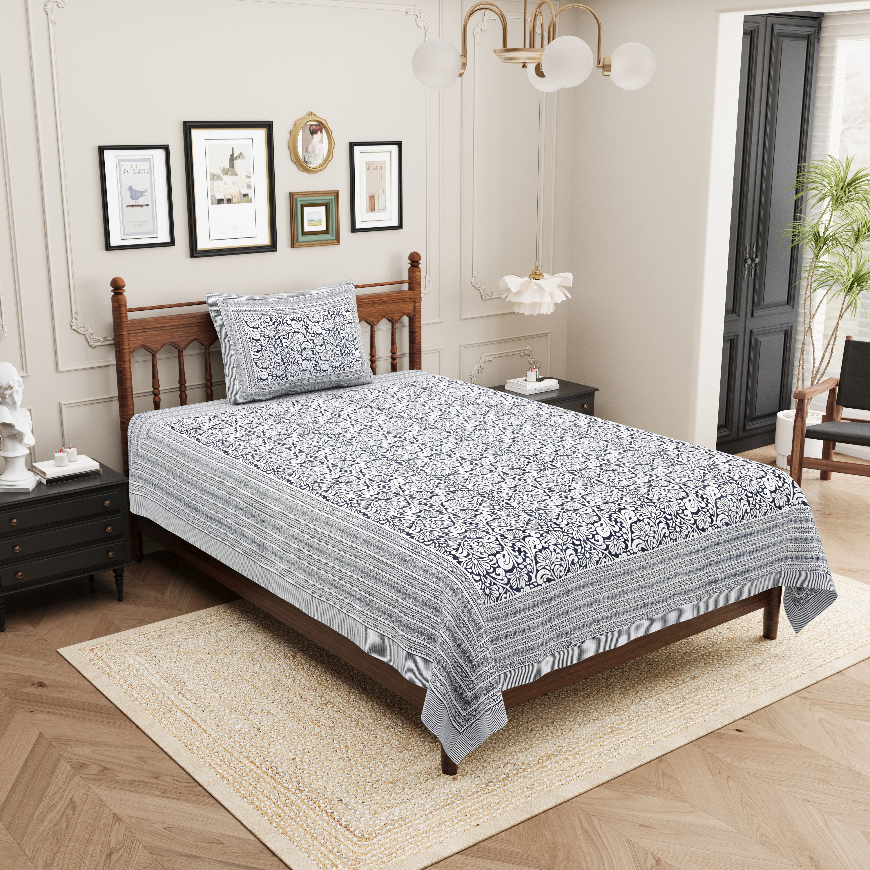 Paisley Block Printed Cotton Single Bedsheet- Black (Pack of 2)