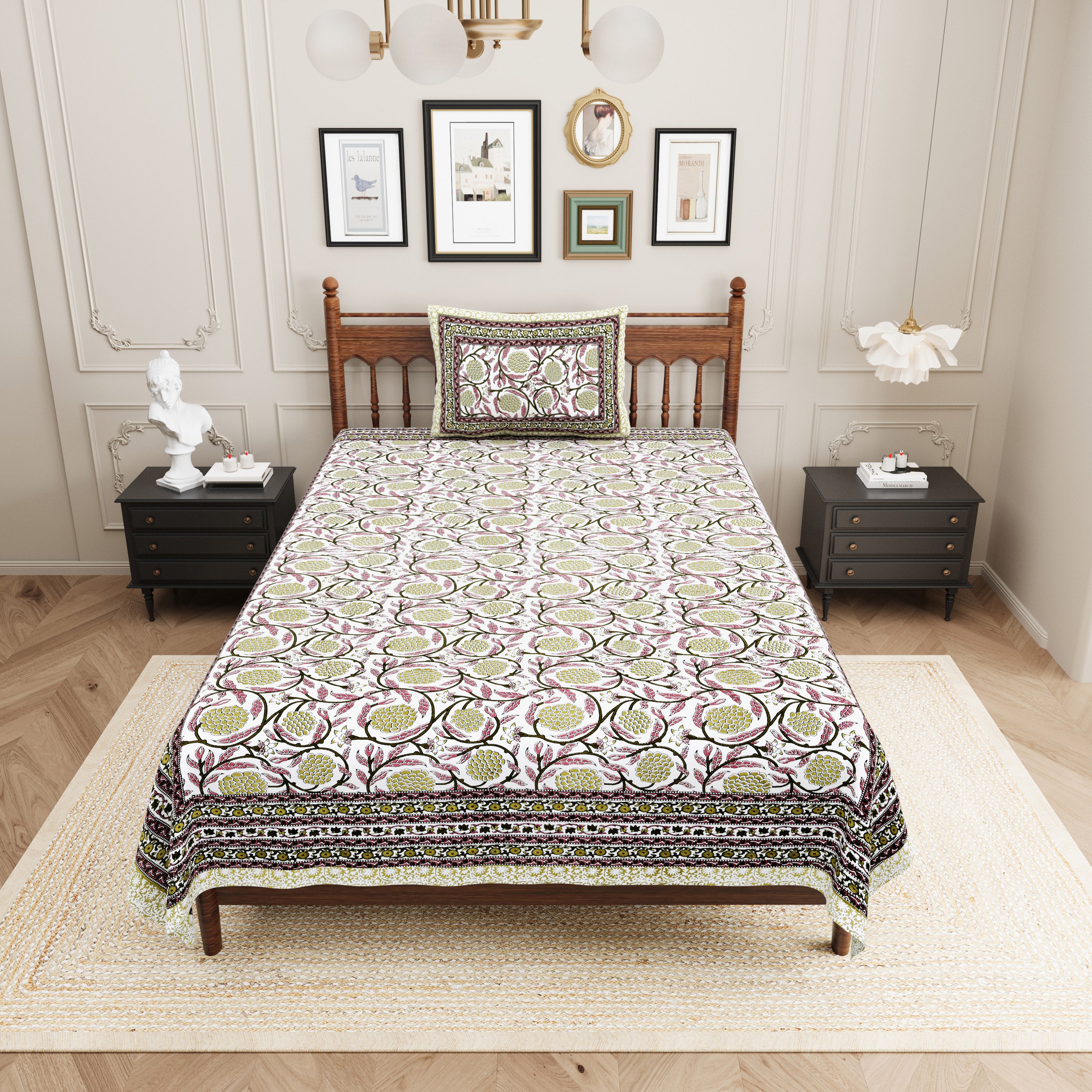 Pastel Floral Cotton Single Bedsheet- Moss Green (Pack of 2)