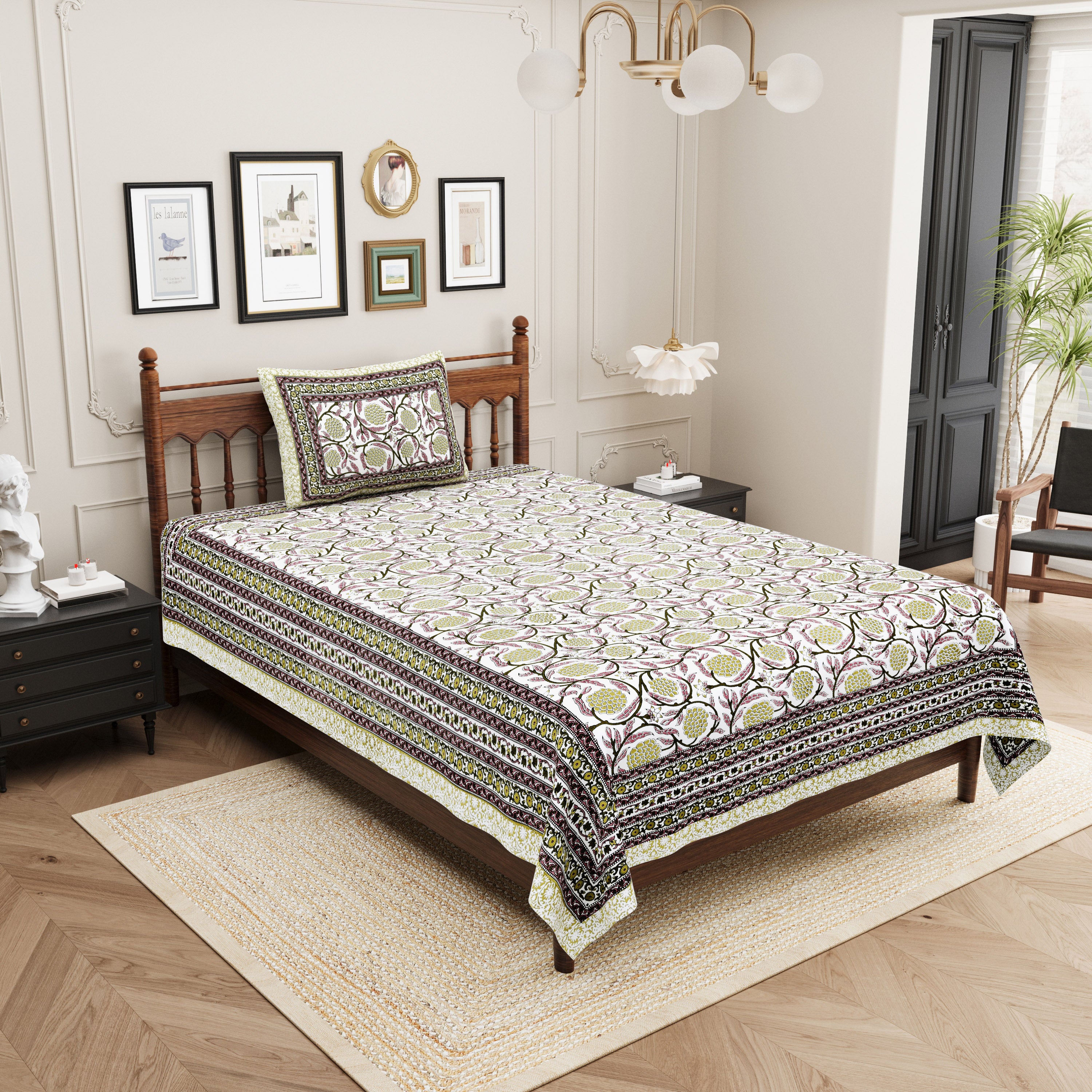 Pastel Floral Cotton Single Bedsheet- Moss Green (Pack of 2)