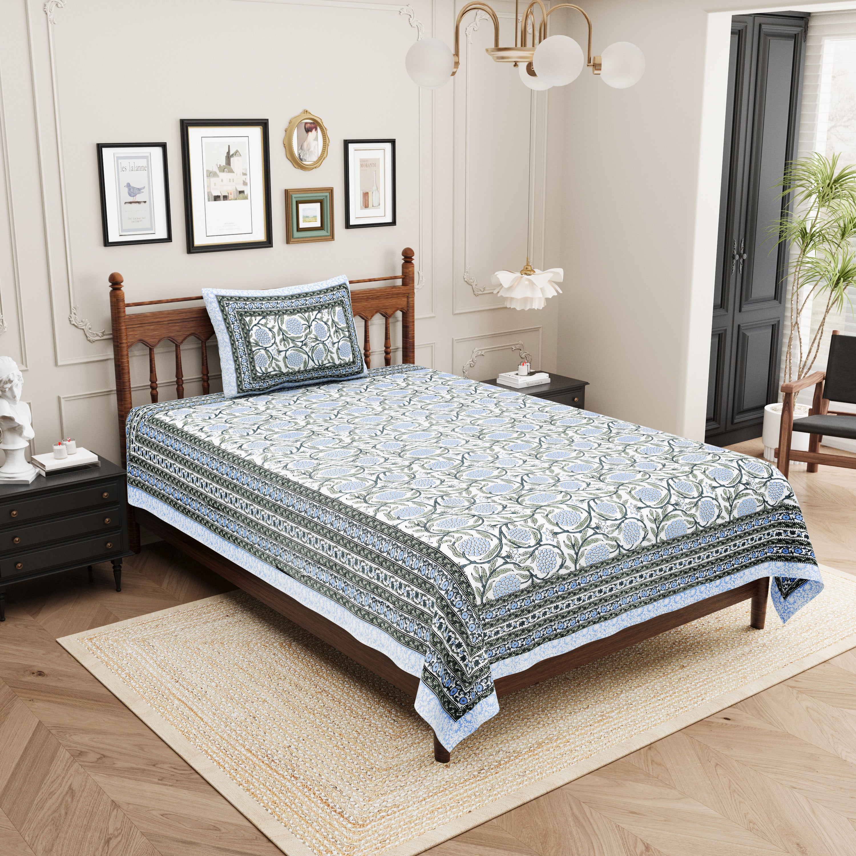 Pastel Floral Cotton Single Bedsheet- Sky Blue (Pack of 2)