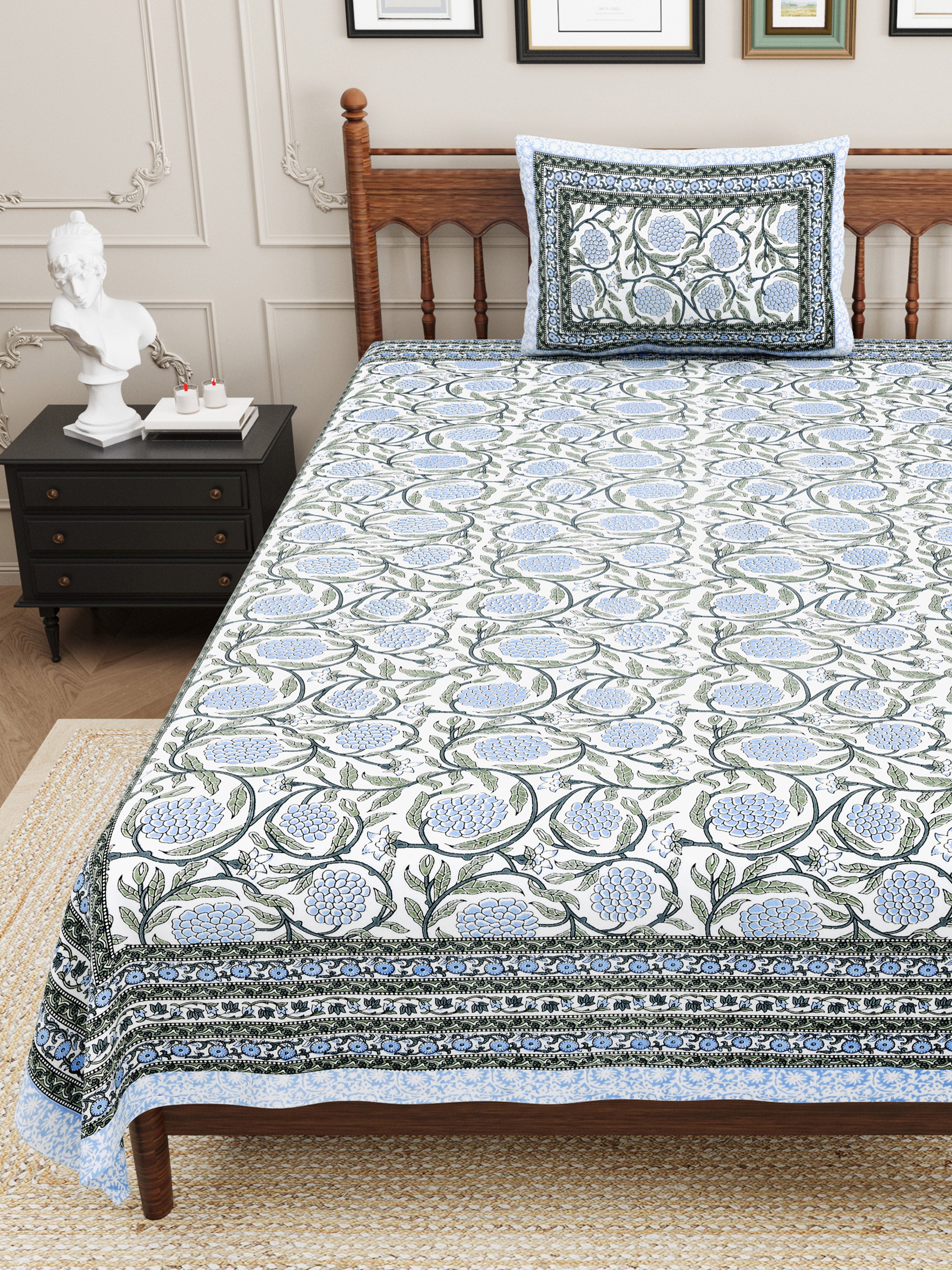 Pastel Floral Cotton Single Bedsheet- Sky Blue (Pack of 2)