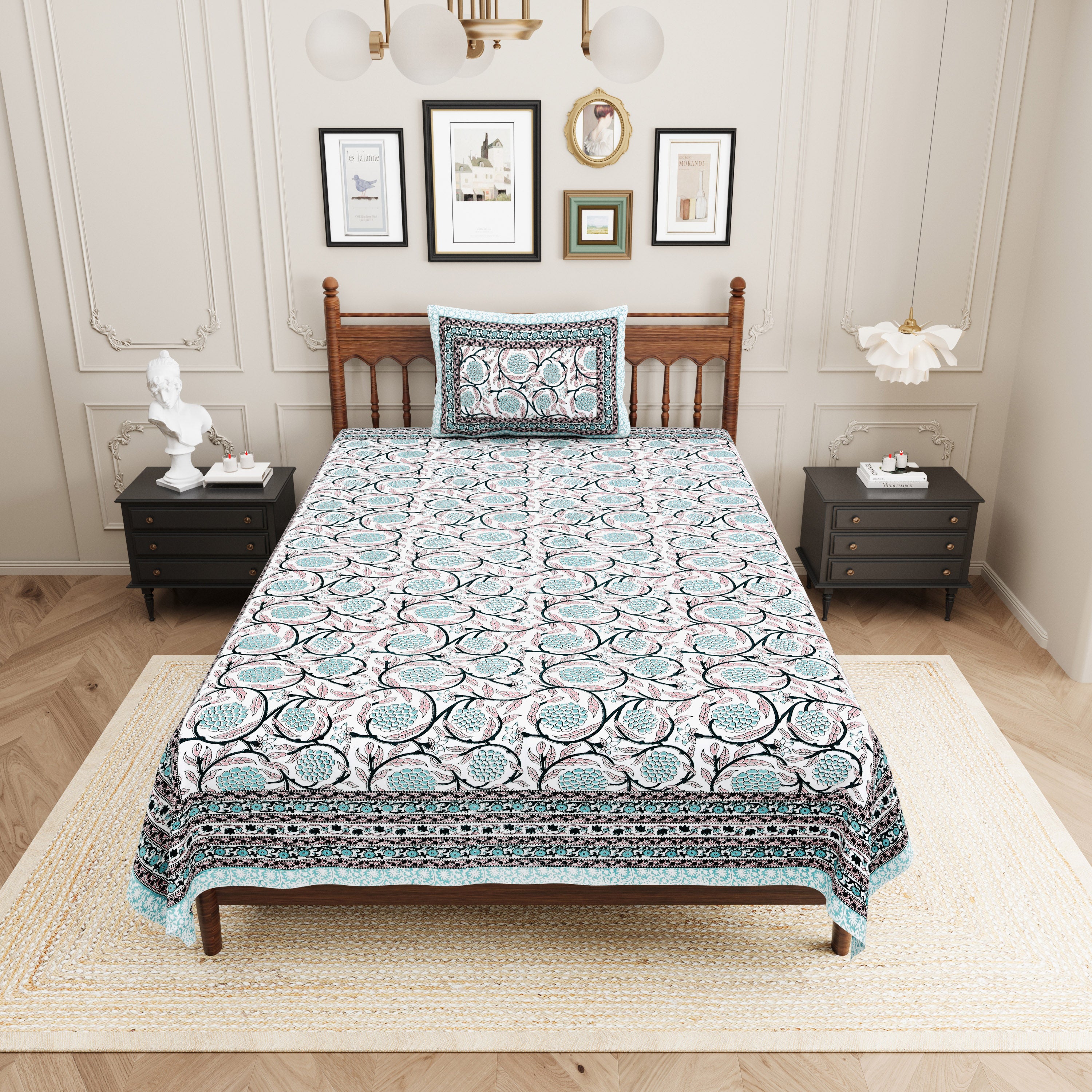 Pastel Floral Cotton Single Bedsheet- Aqua Blue (Pack of 2)