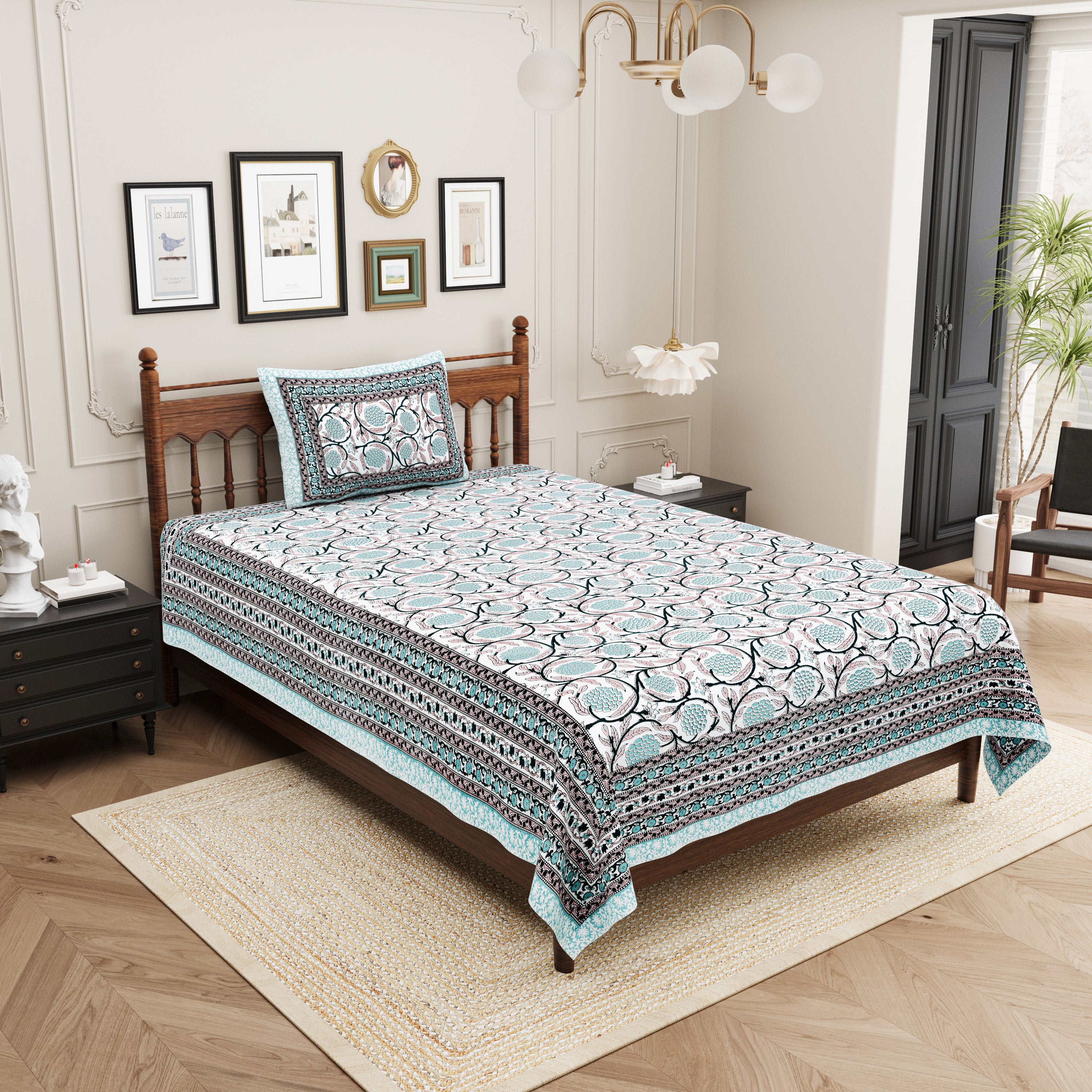 Pastel Floral Cotton Single Bedsheet- Aqua Blue (Pack of 2)