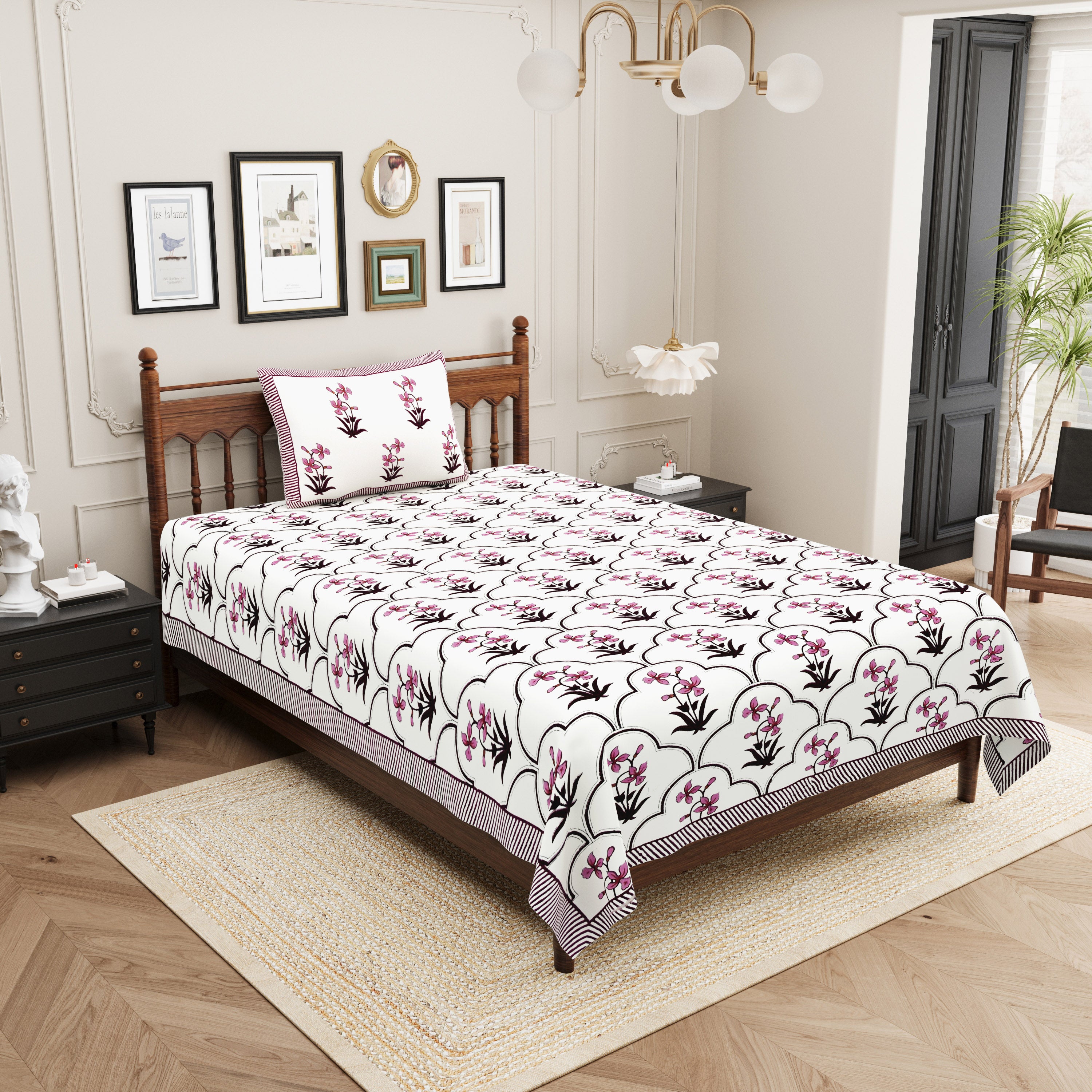 Block Printed Cotton Single Bedsheet- Pink (Pack of 2)