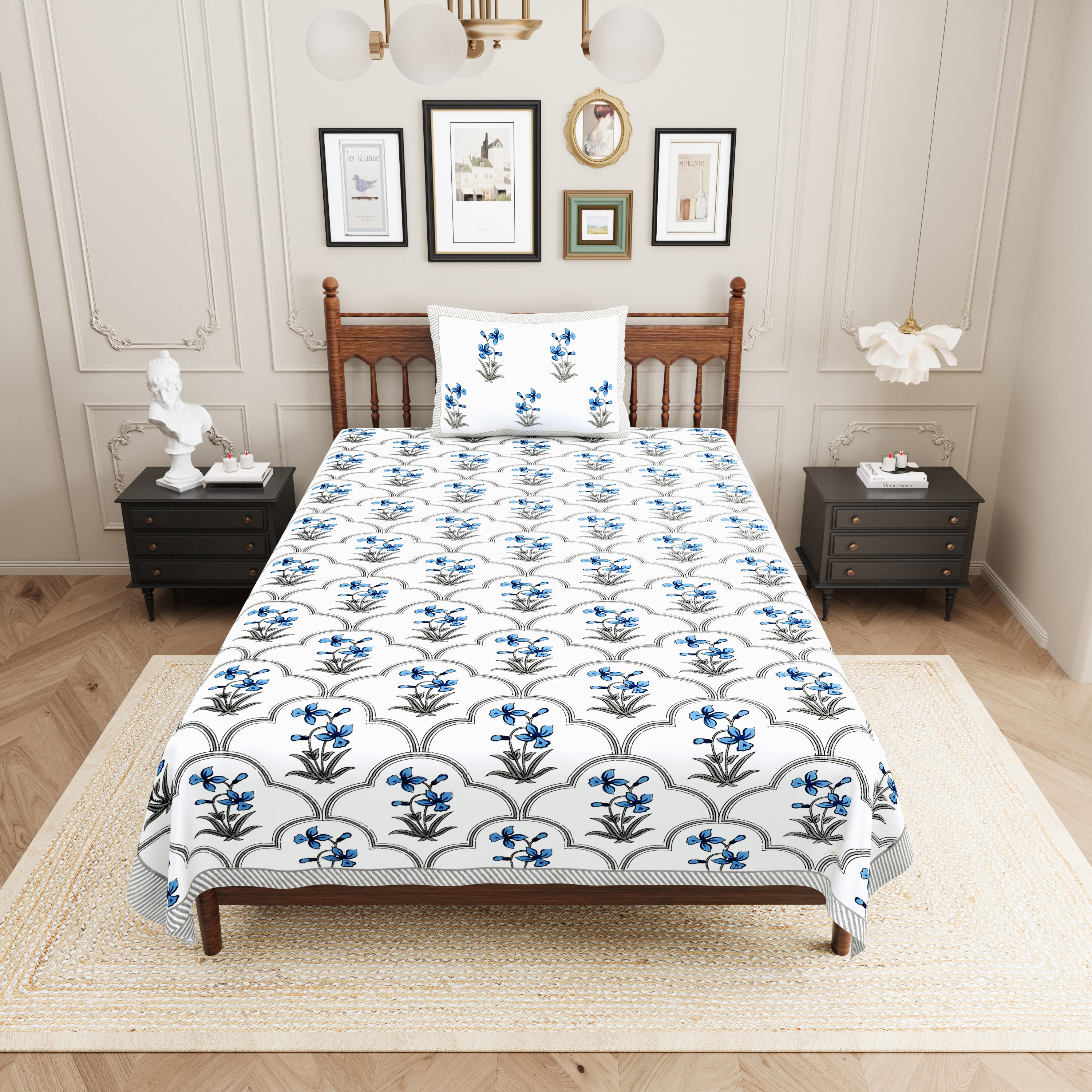 Block Printed  Cotton Single Bedsheet- Sky Blue (Pack of 2)