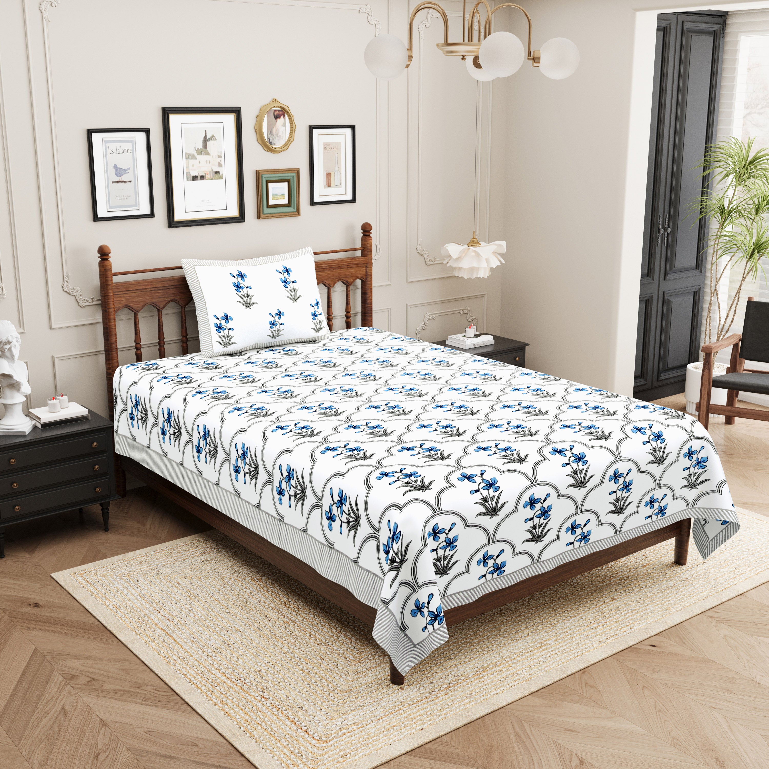 Block Printed  Cotton Single Bedsheet- Sky Blue (Pack of 2)
