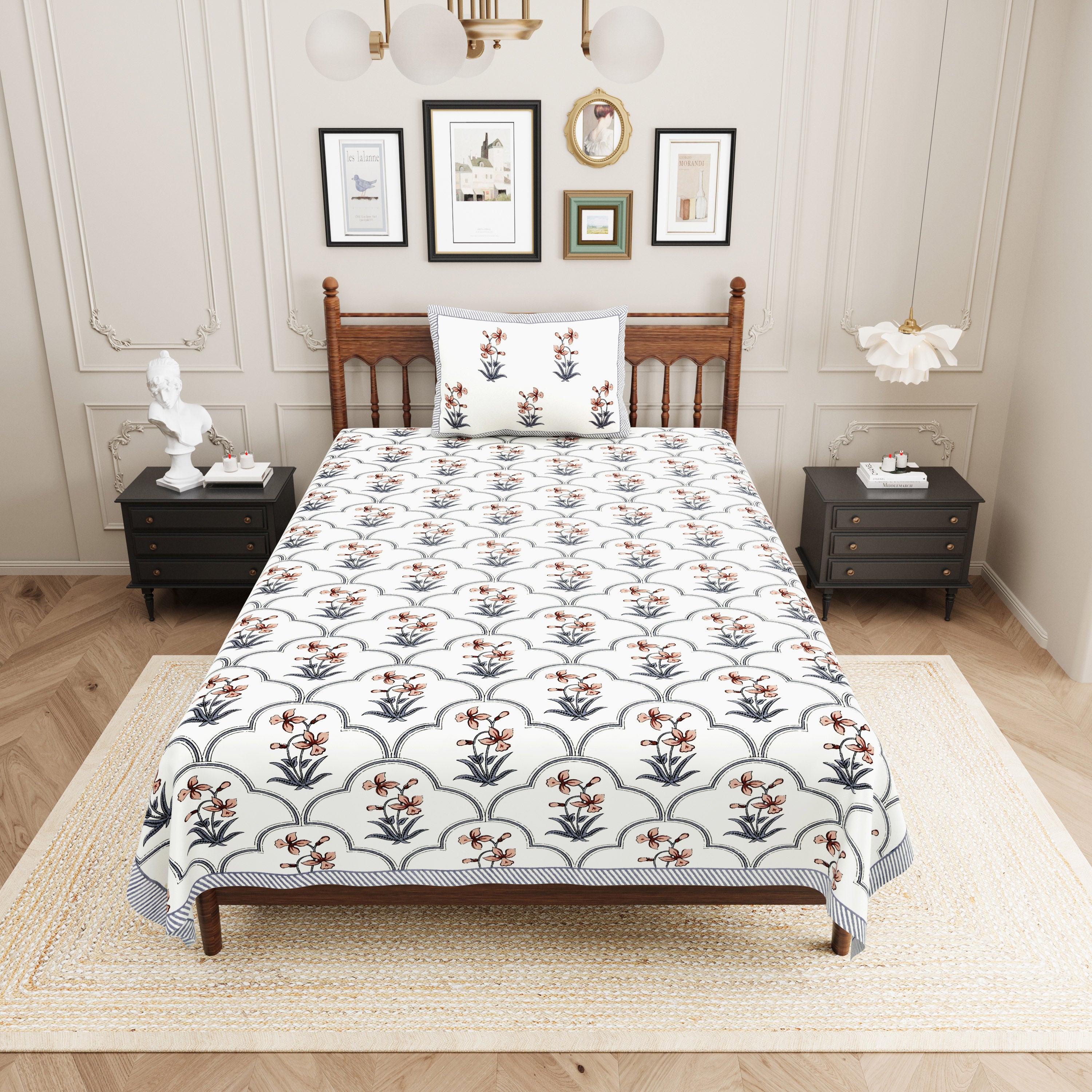 Block Printed Cotton Single Bedsheet- Grey (Pack of 2)
