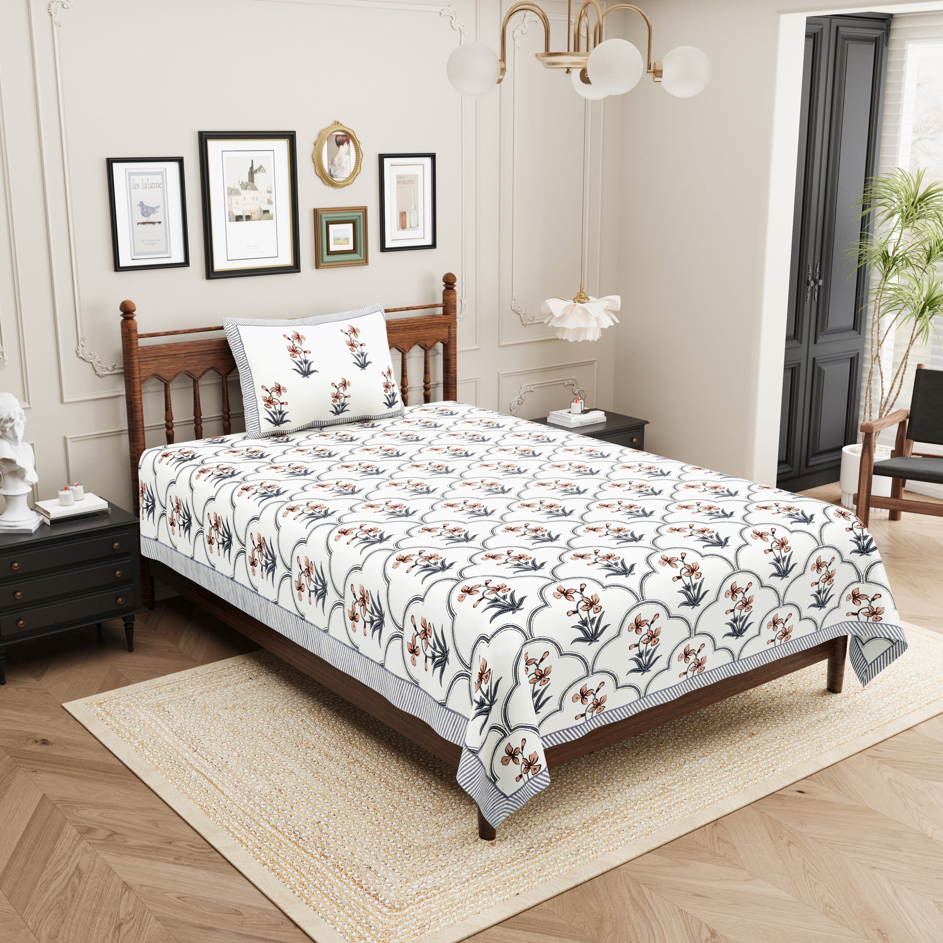 Block Printed Cotton Single Bedsheet- Grey (Pack of 2)