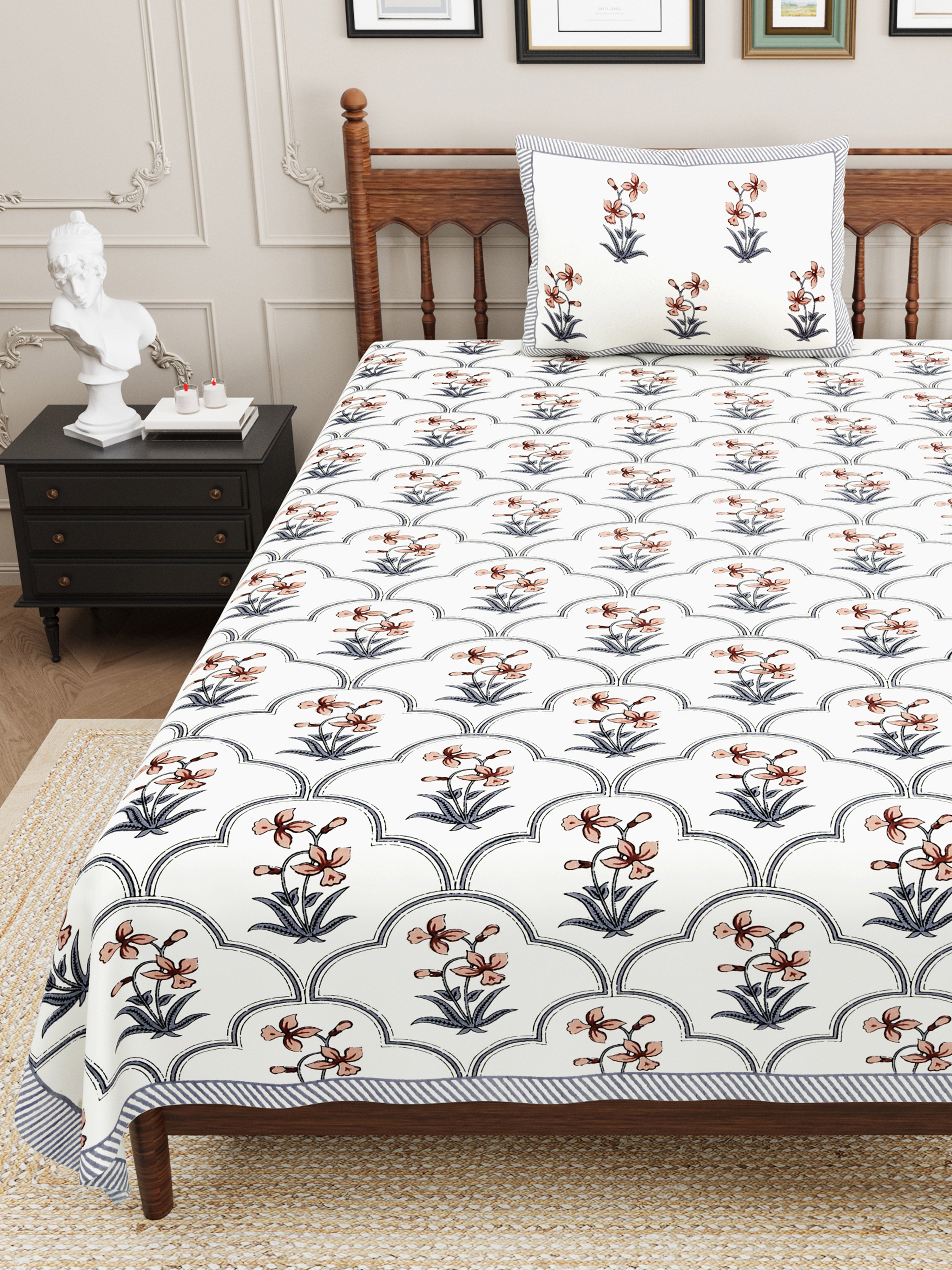 Block Printed Cotton Single Bedsheet- Grey (Pack of 2)