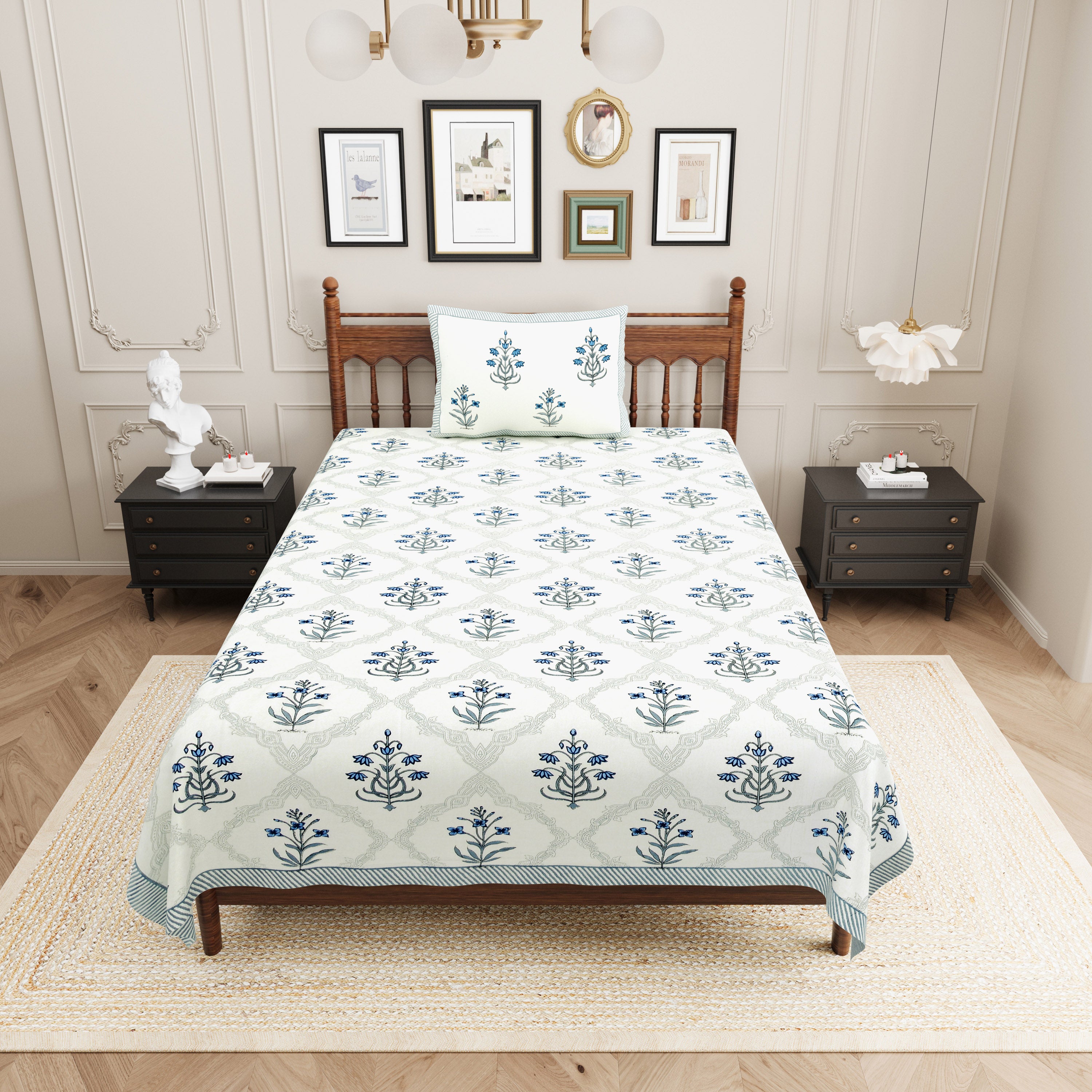 Block Printed Cotton Single Bedsheet- Blue (Pack of 2)