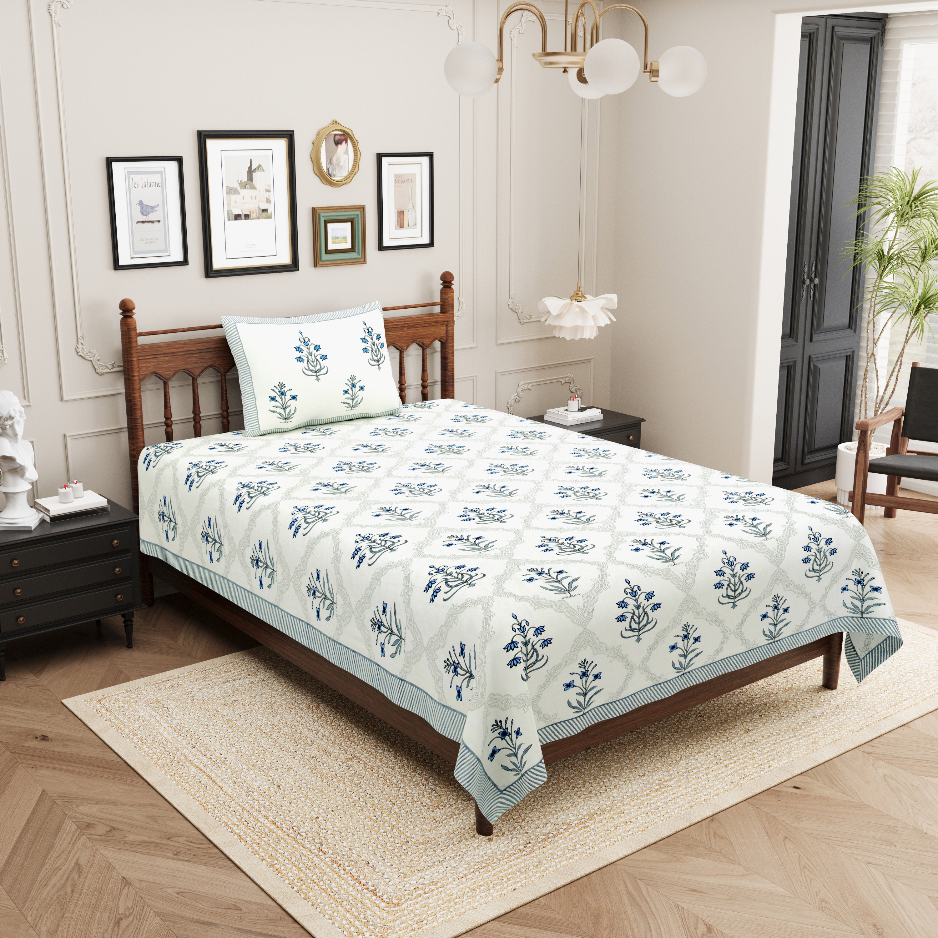 Block Printed Cotton Single Bedsheet- Blue (Pack of 2)