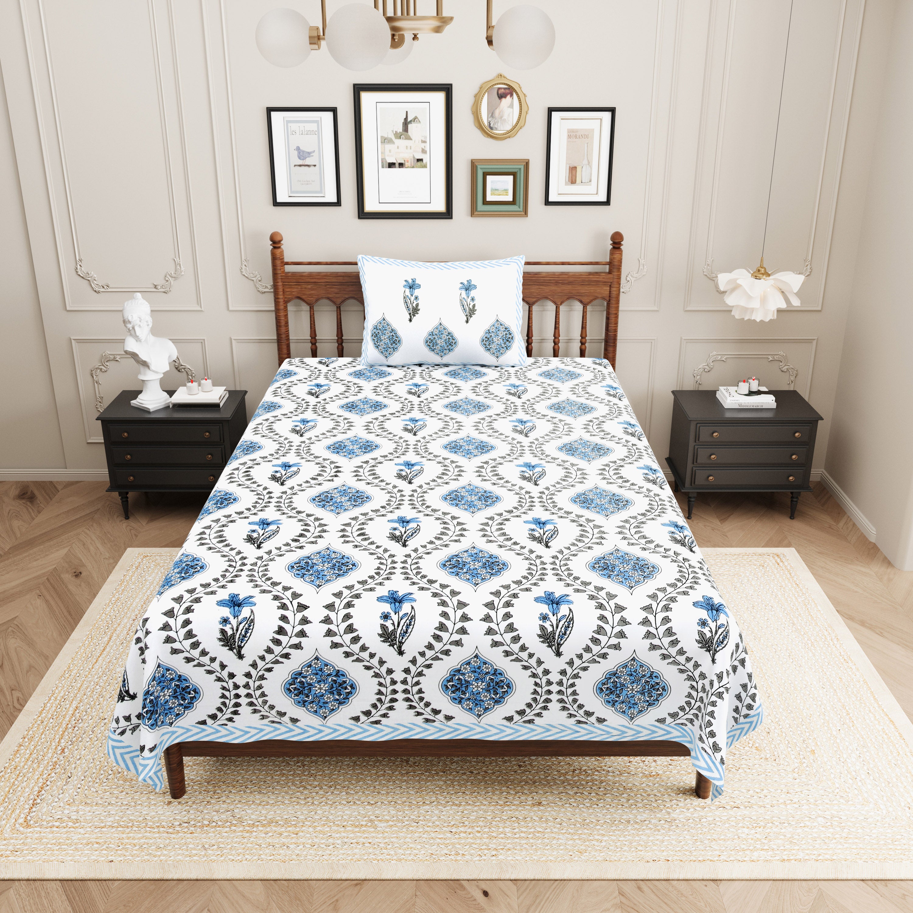 Butta Block Printed Cotton Single Bedsheet- Blue (Pack of 2)