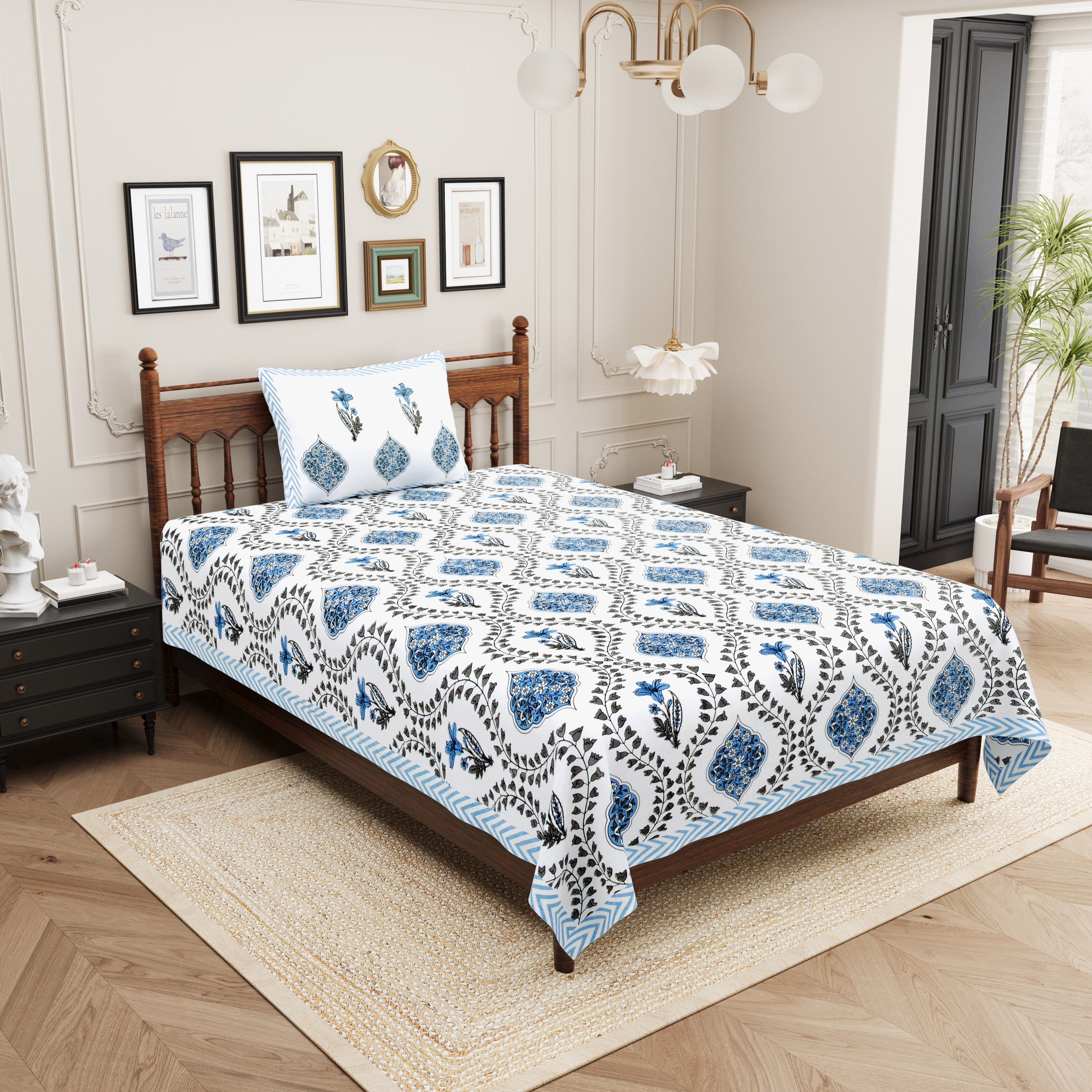 Butta Block Printed Cotton Single Bedsheet- Blue (Pack of 2)