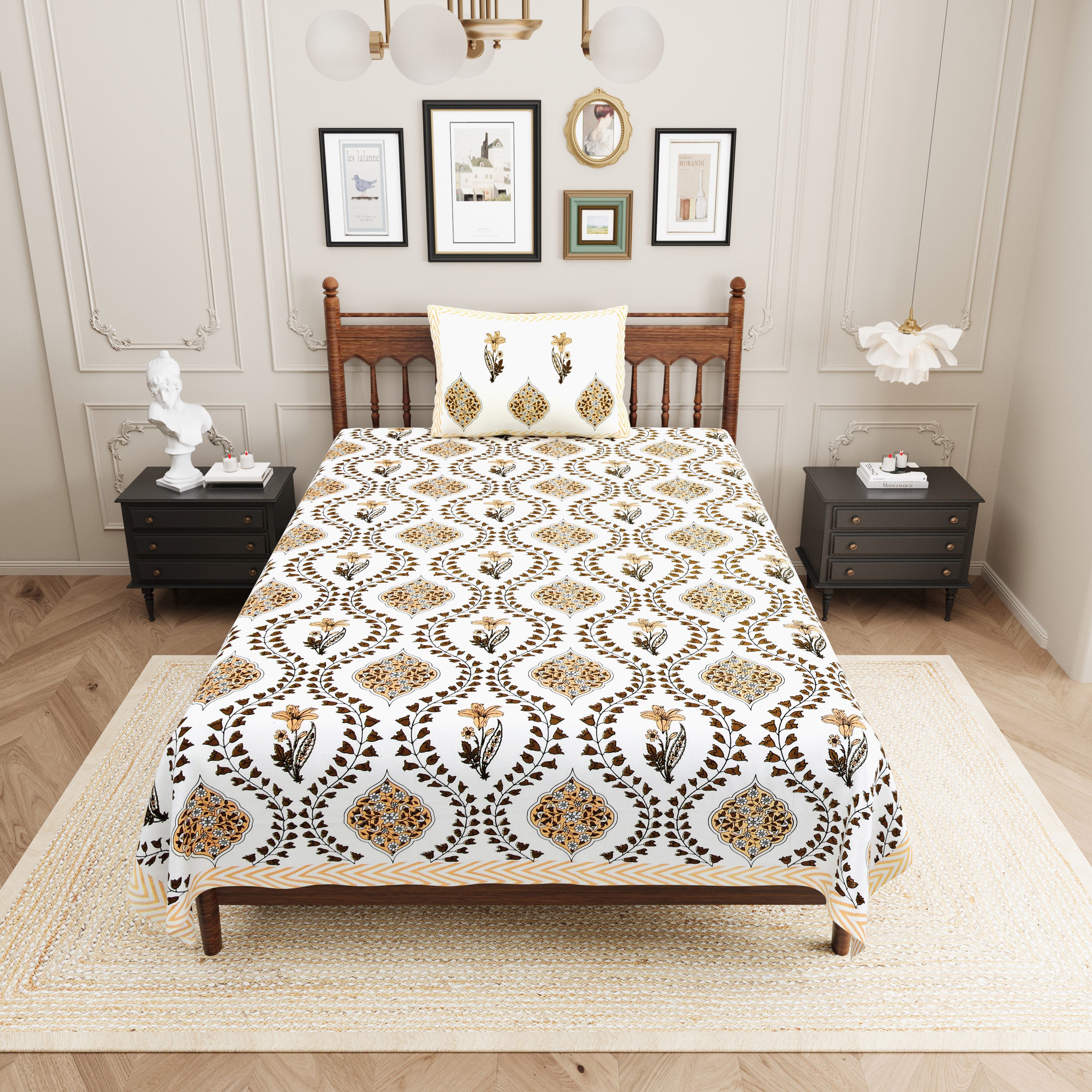 Butta Block Printed Cotton Single Bedsheet- White & Yellow (Pack of 2)