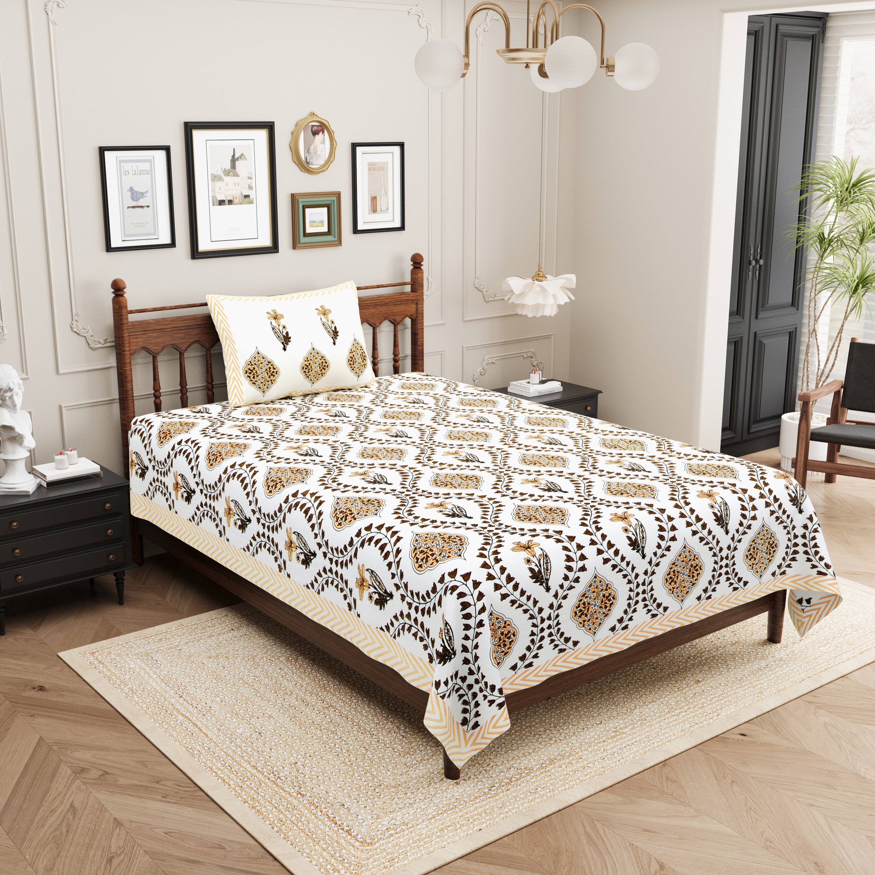 Butta Block Printed Cotton Single Bedsheet- White & Yellow (Pack of 2)