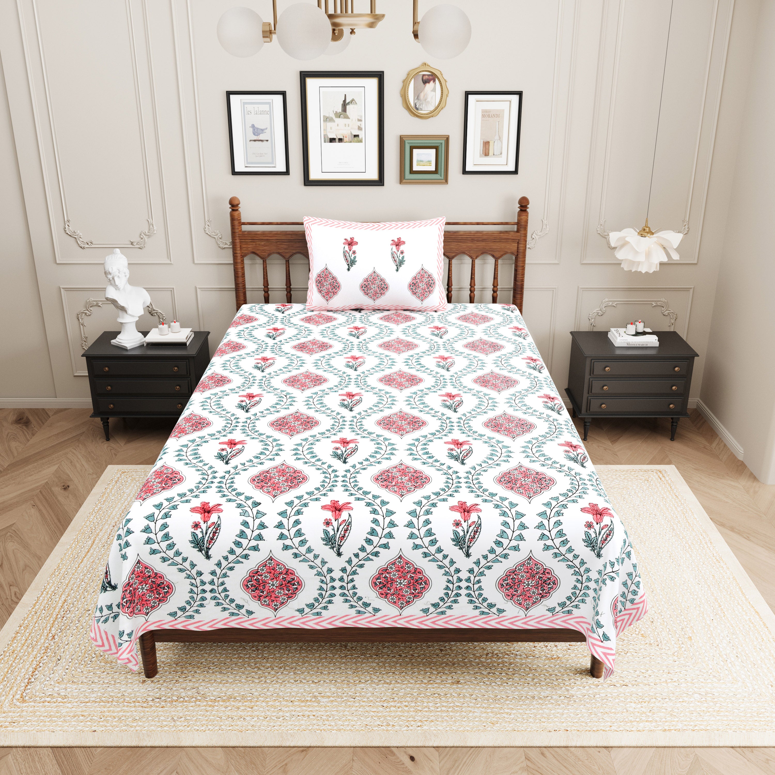 Butta Block Printed Cotton Single Bedsheet- Pink (Pack of 2)