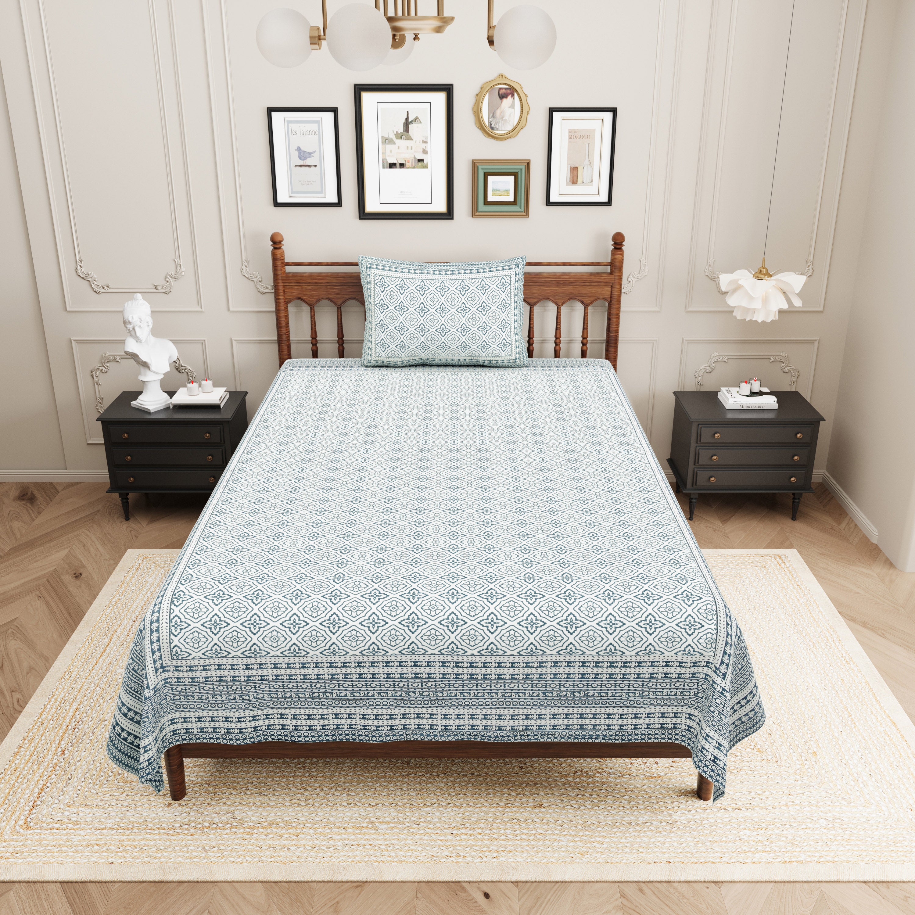 Square Printed Single Cotton Bedsheet- Grey (Pack of 2)