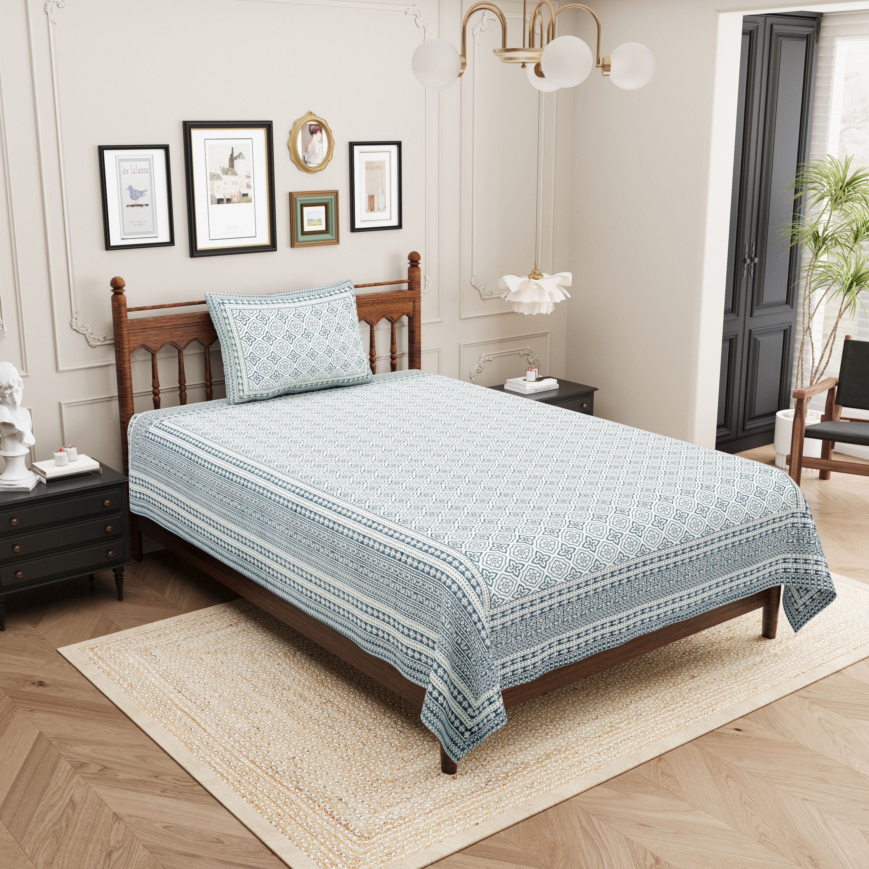 Square Printed Single Cotton Bedsheet- Grey (Pack of 2)