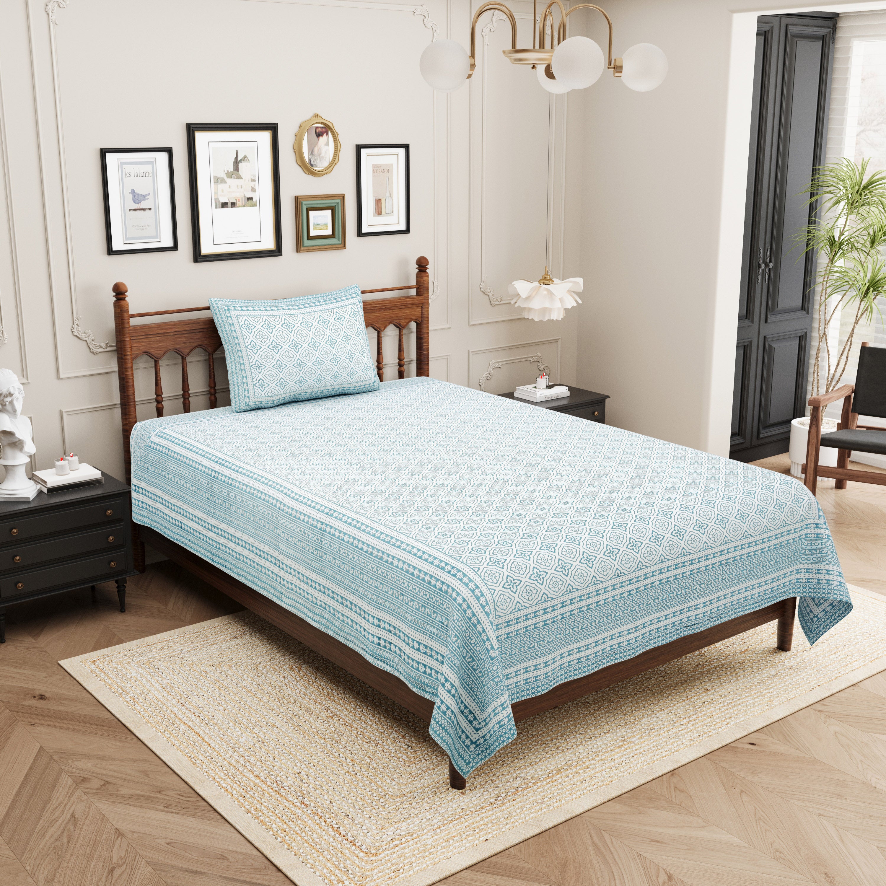 Square Printed Cotton Single Bedsheet- Blue (Pack of 2)
