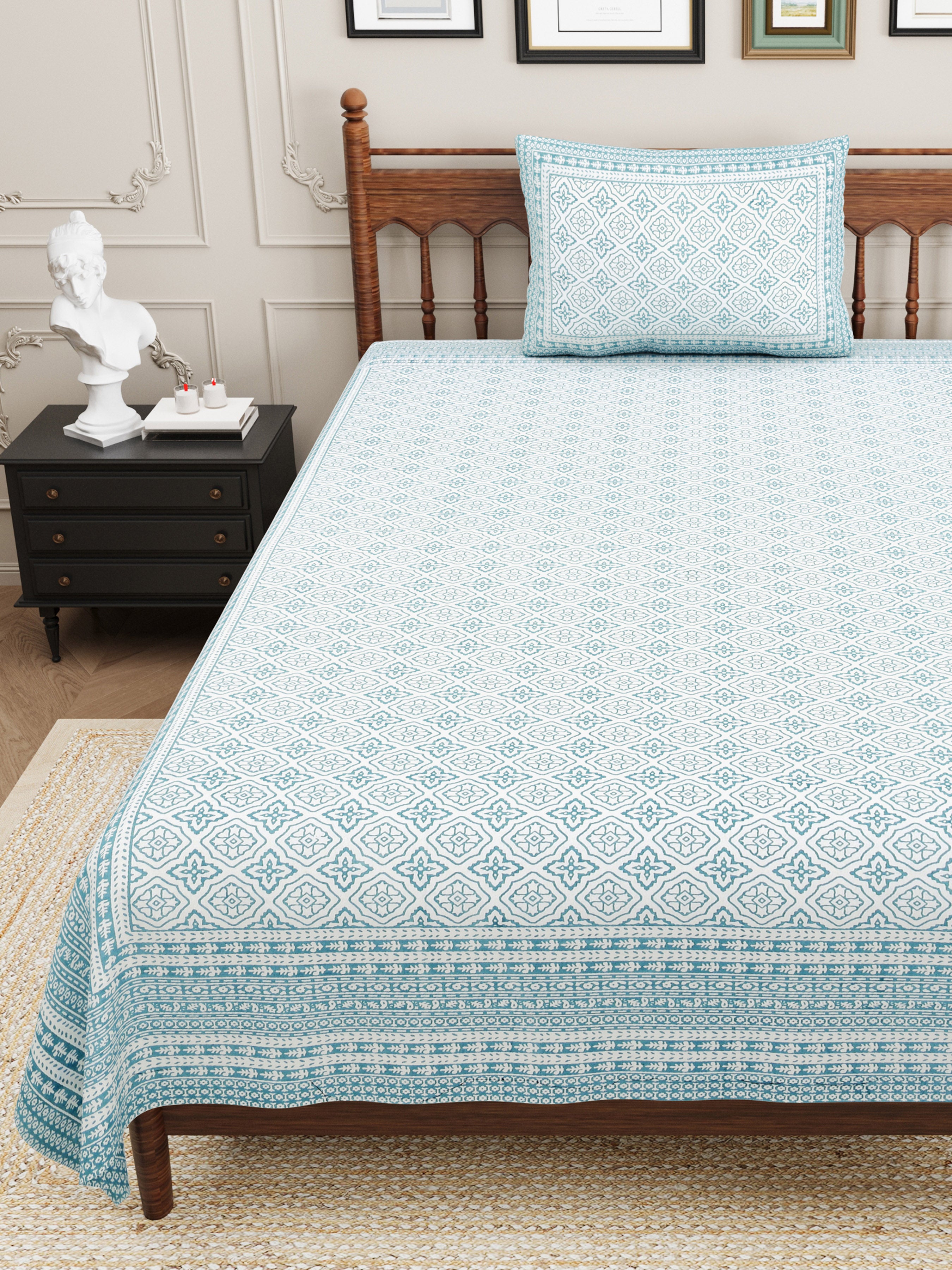 Square Printed Cotton Single Bedsheet- Blue (Pack of 2)