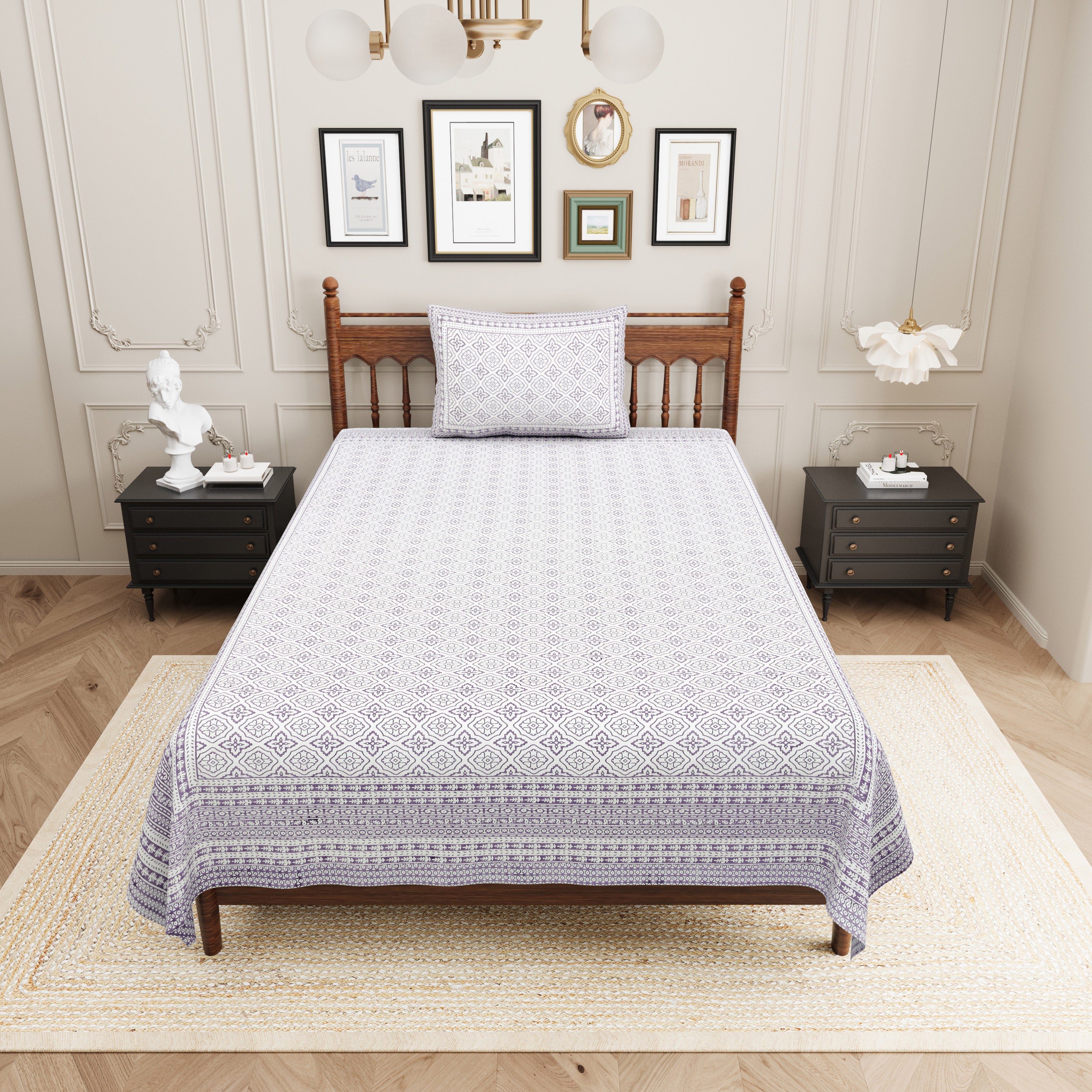 Square Printed Cotton Single Bedsheet- Lavender (Pack of 2)