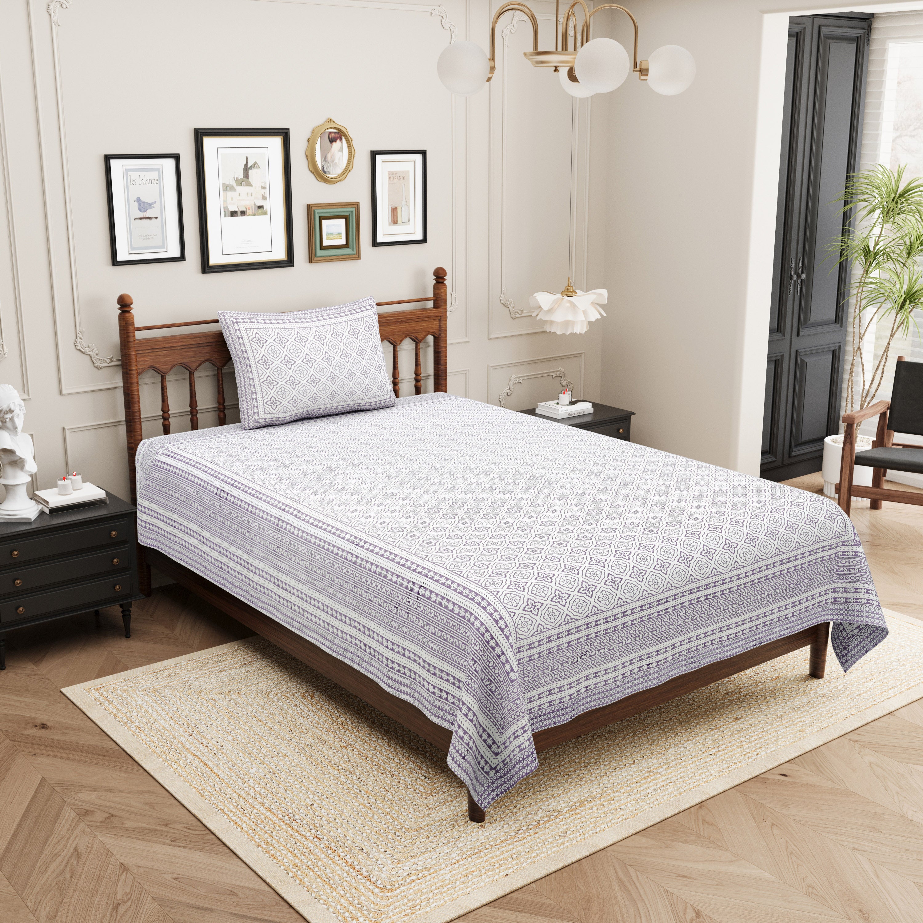 Square Printed Cotton Single Bedsheet- Lavender (Pack of 2)