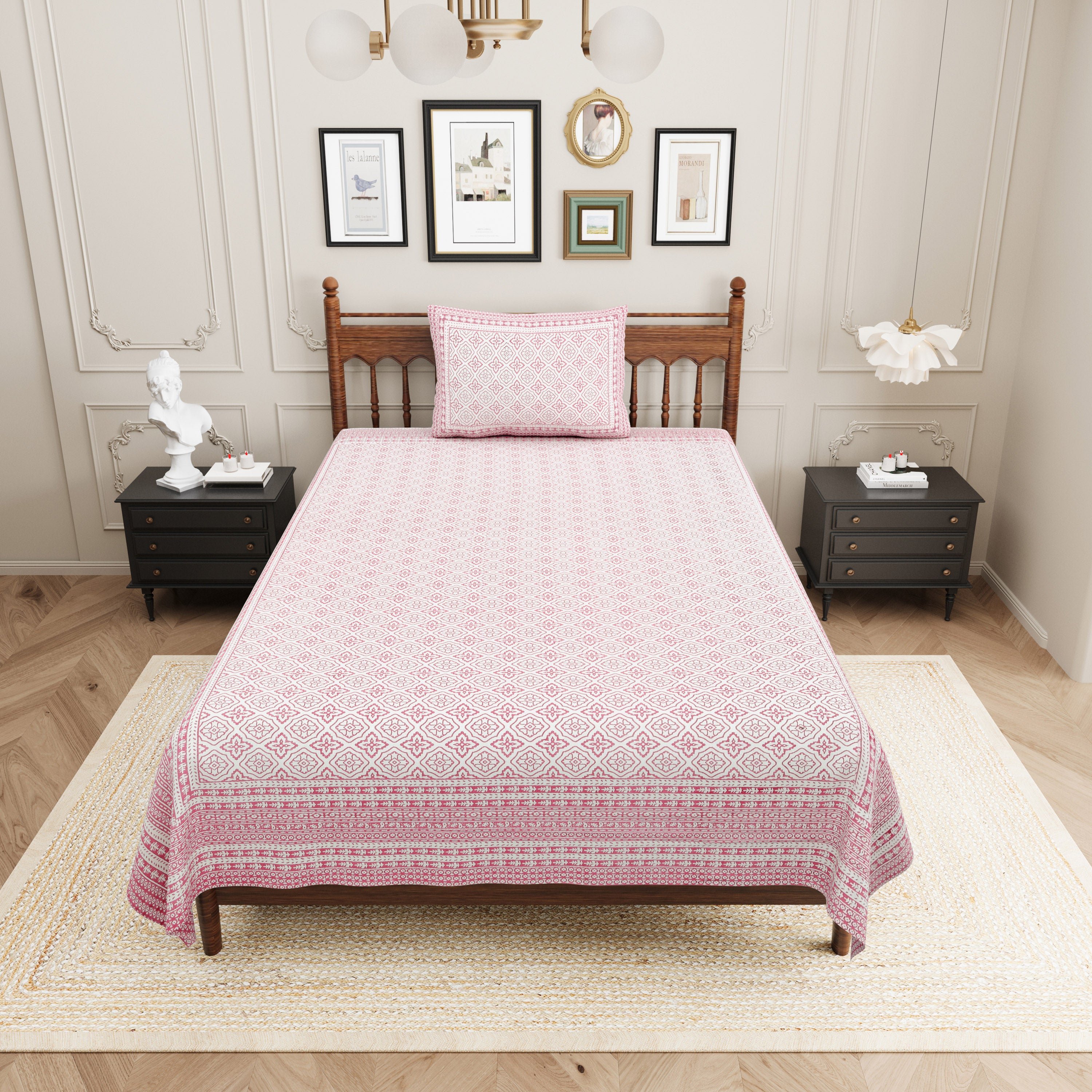 Square Printed Cotton Single Bedsheet- Pink (Pack of 2)