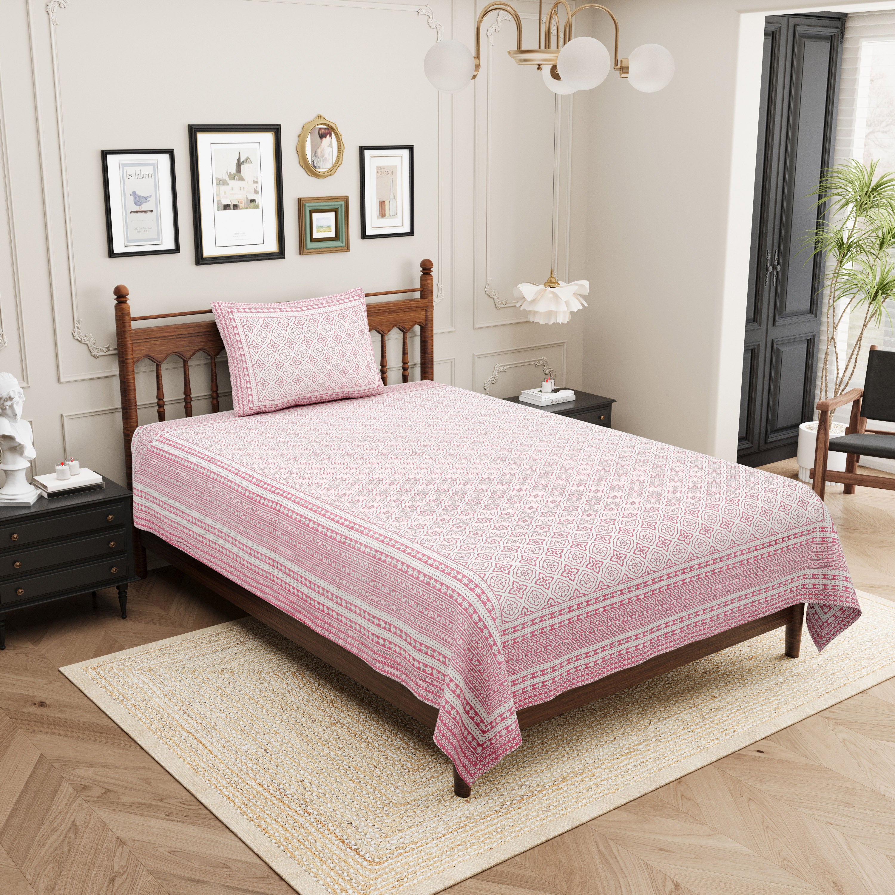 Square Printed Cotton Single Bedsheet- Pink (Pack of 2)