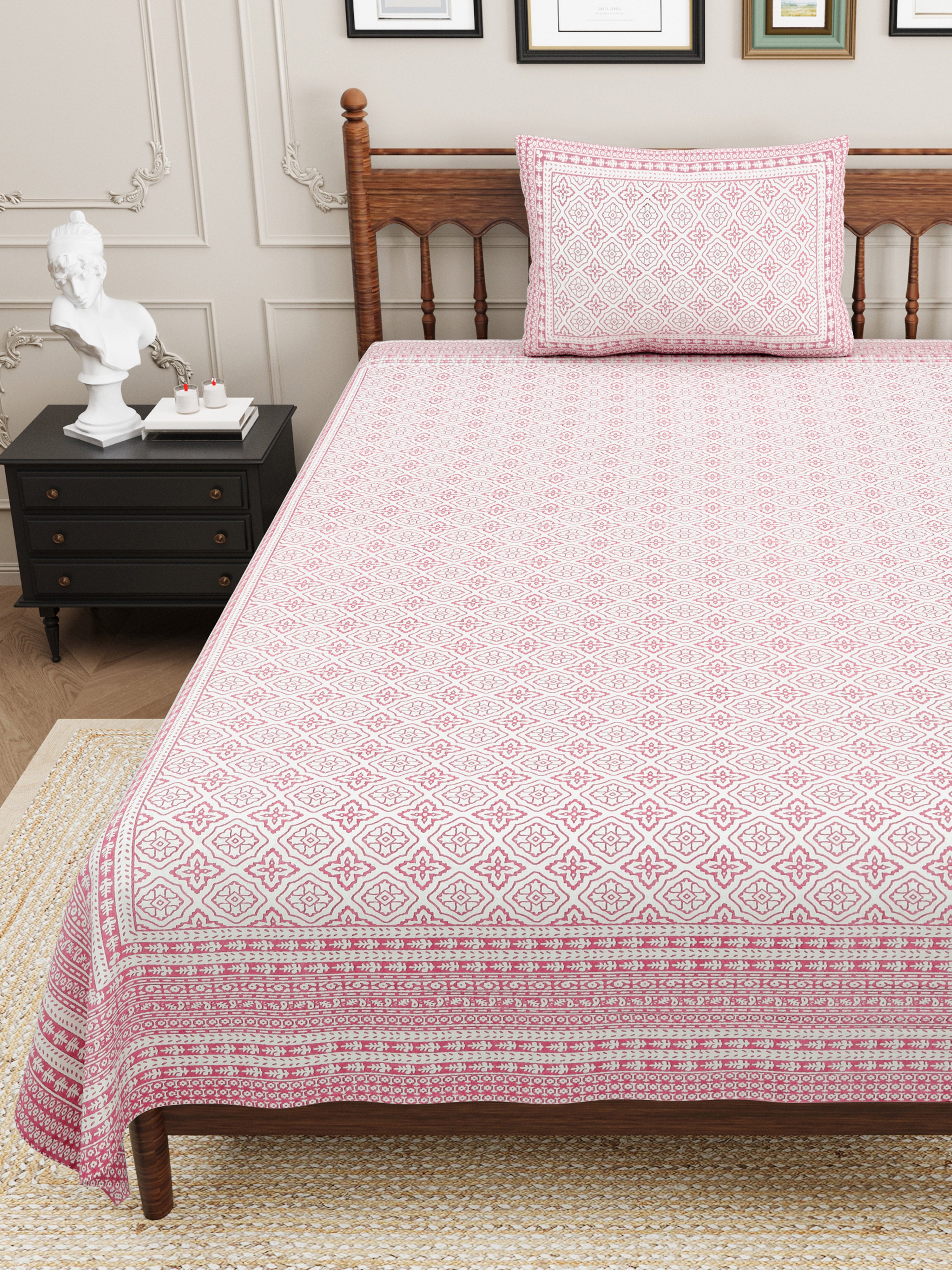 Square Printed Cotton Single Bedsheet- Pink (Pack of 2)