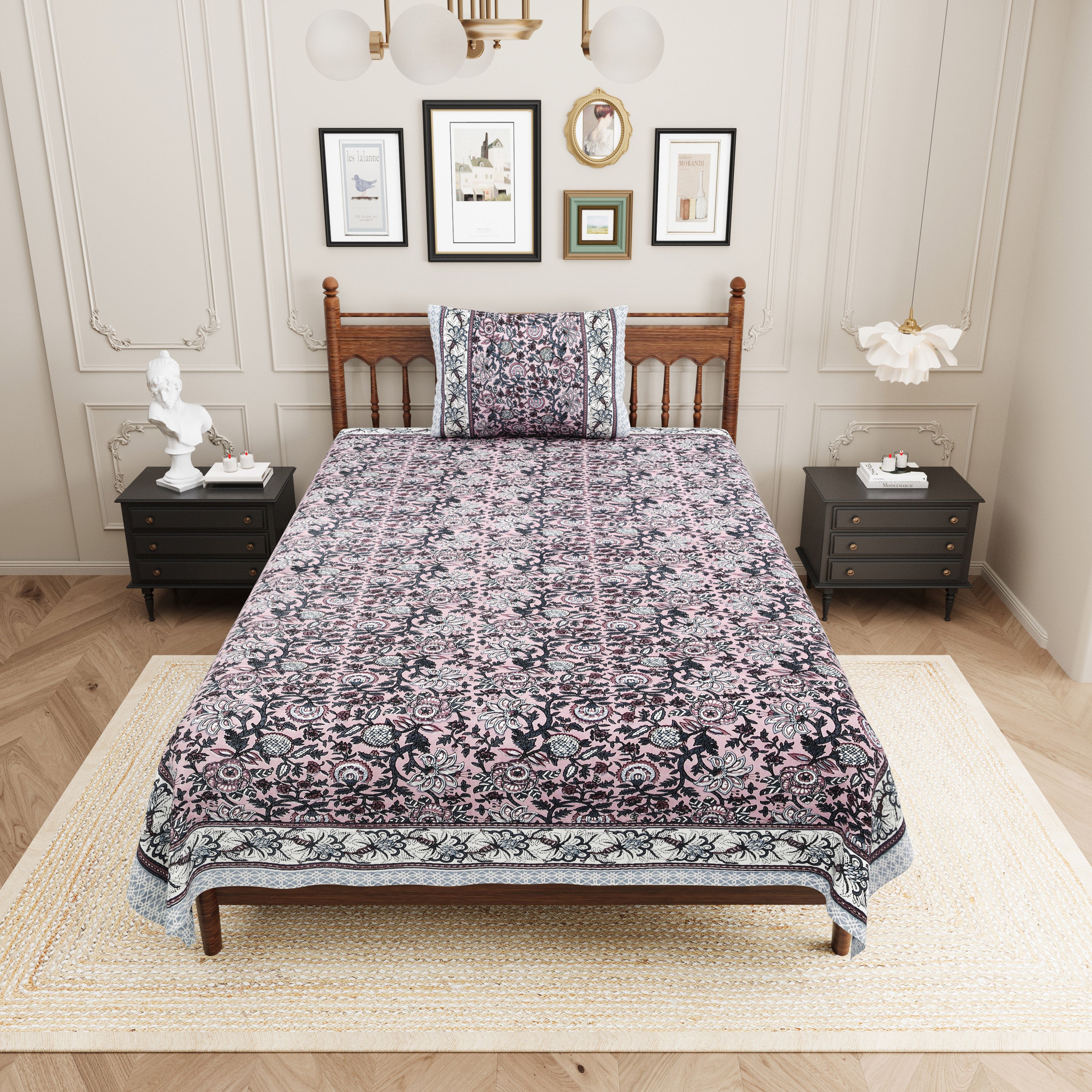 Vintage Botanical Printed Single Bedsheet- Muted Mauve (Pack of 2)
