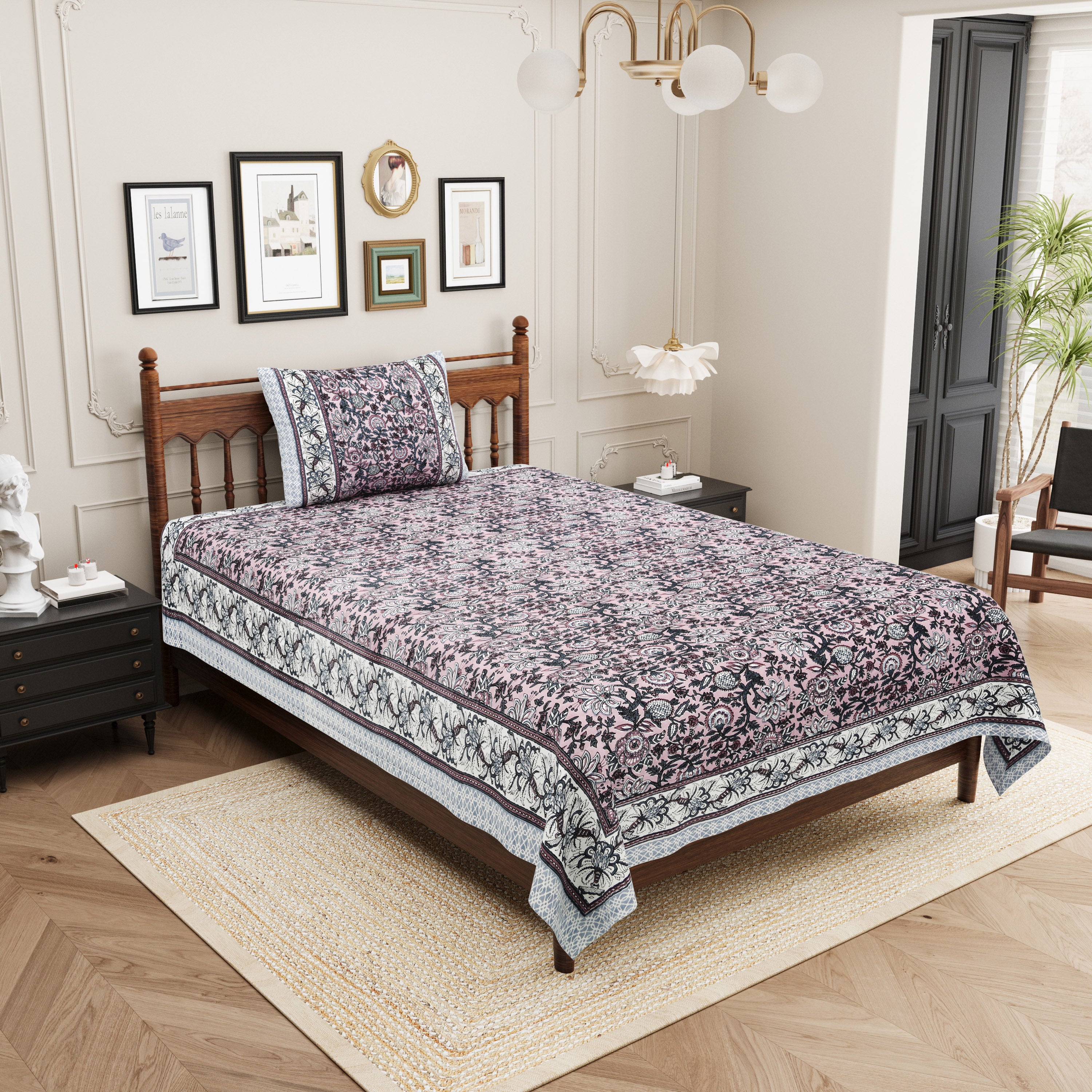Vintage Botanical Printed Single Bedsheet- Muted Mauve (Pack of 2)