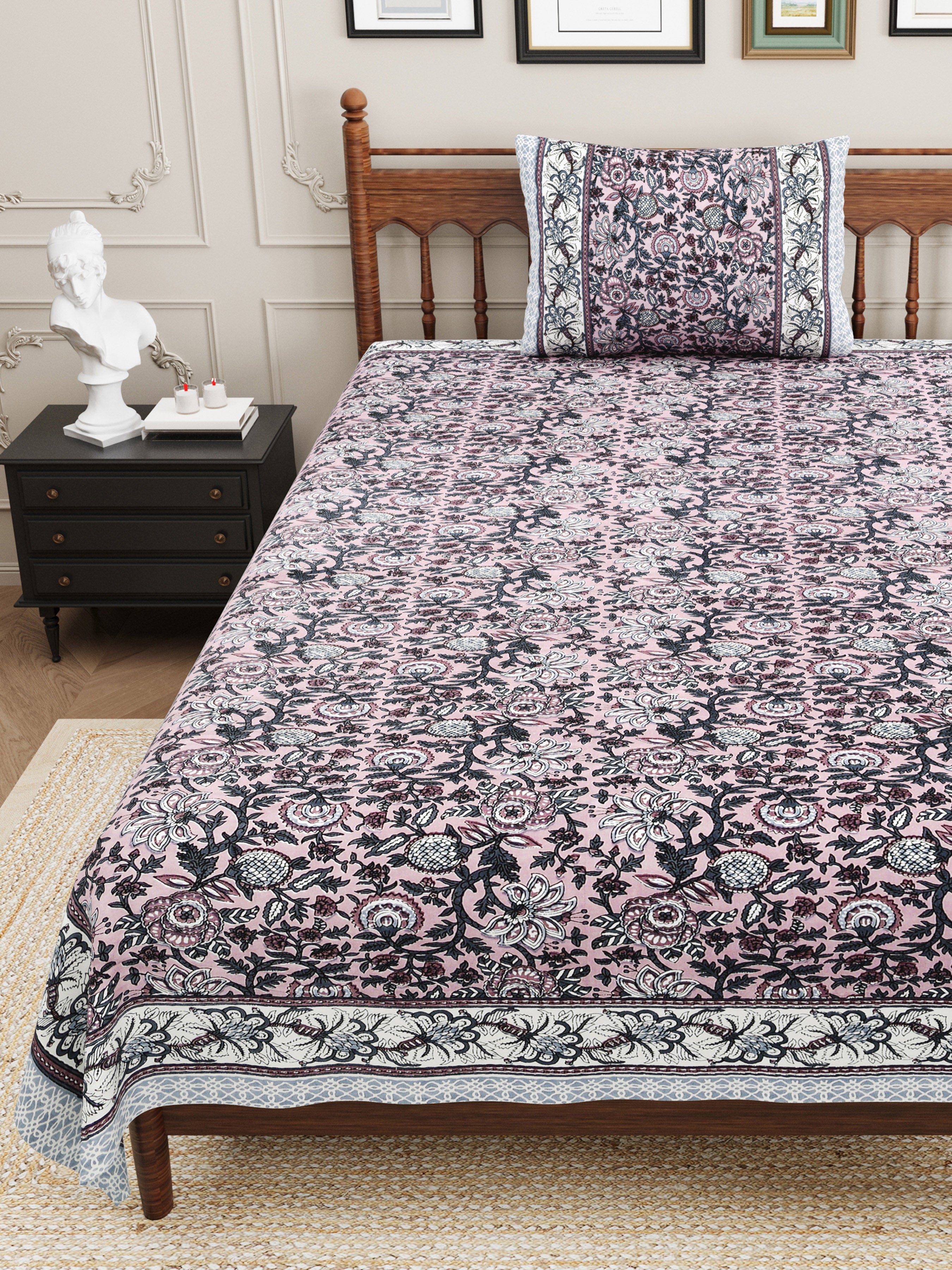Vintage Botanical Printed Single Bedsheet- Muted Mauve (Pack of 2)